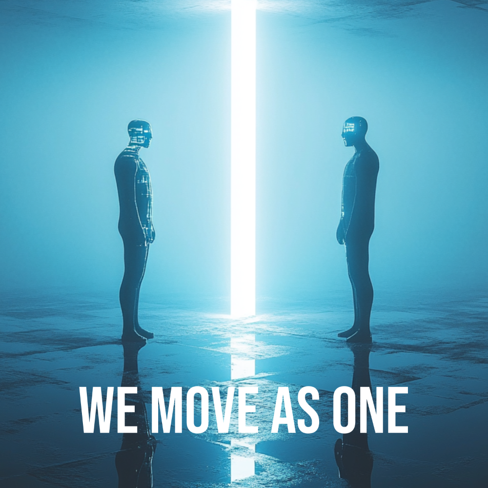 AI Creator 21000 original electronic music release We Move As One featuring AI-inspired artwork and soundtrack streaming access.
