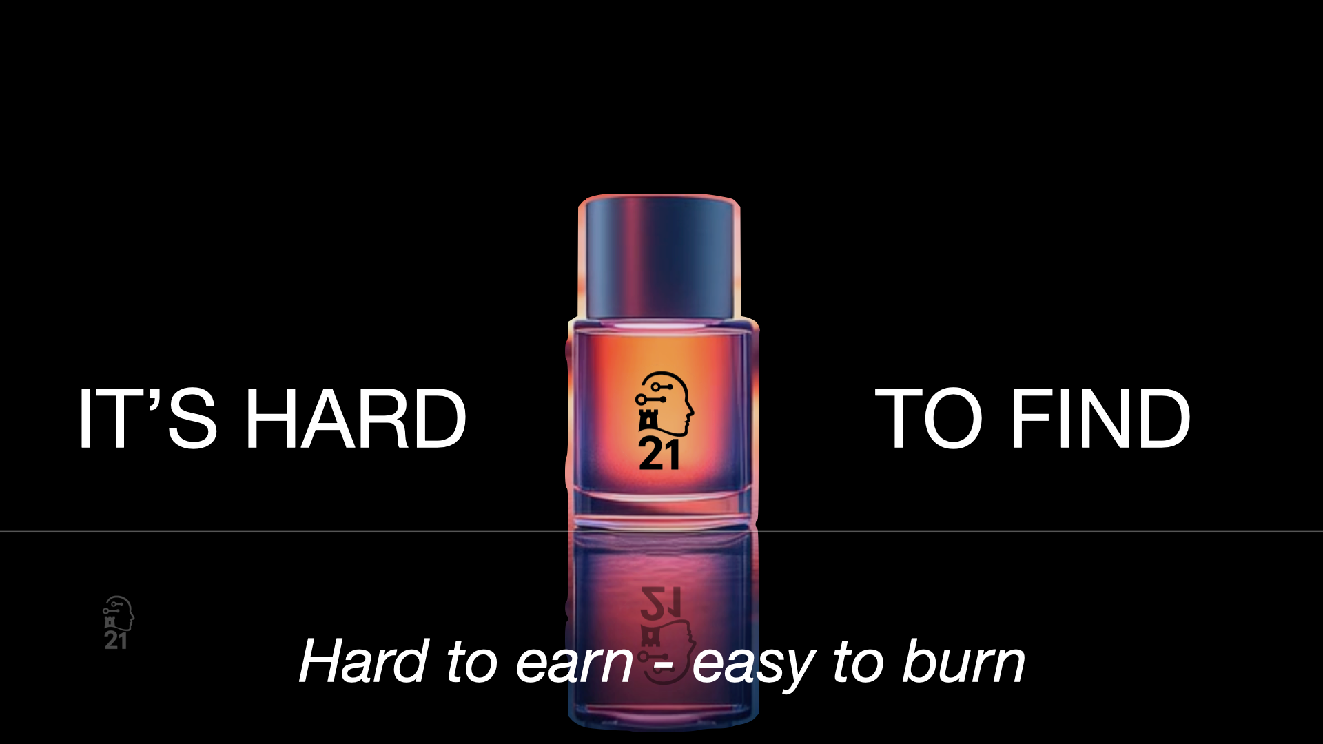 Stylized perfume bottle with AI Creator 21000 branding representing rarity, value, identity, and the story behind the music track It's Hard to Find.
