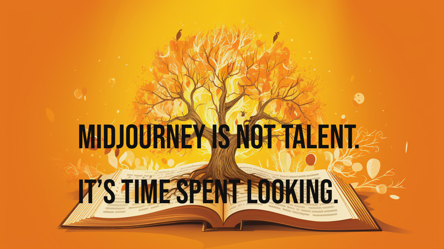 Stylized golden tree illustration representing visual observation, pattern recognition, artistic study, and the article MidJourney Is Not Talent. It’s Time Spent Looking by AI Creator 21000.