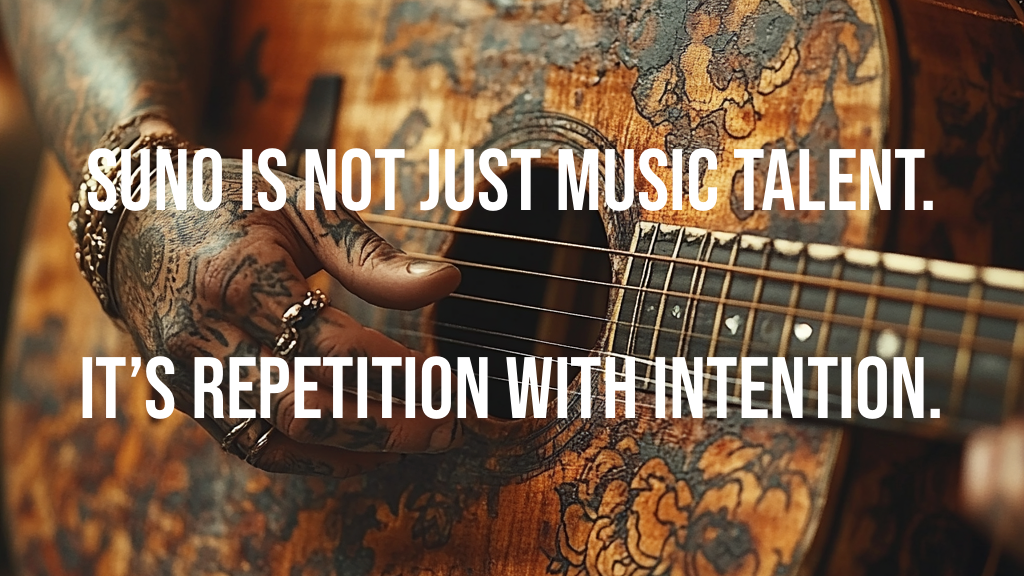 Close-up of a musician holding a guitar, representing creative repetition, practice, experimentation, and the article Suno Is Not Just Music Talent. It’s Repetition With Intention by AI Creator 21000.