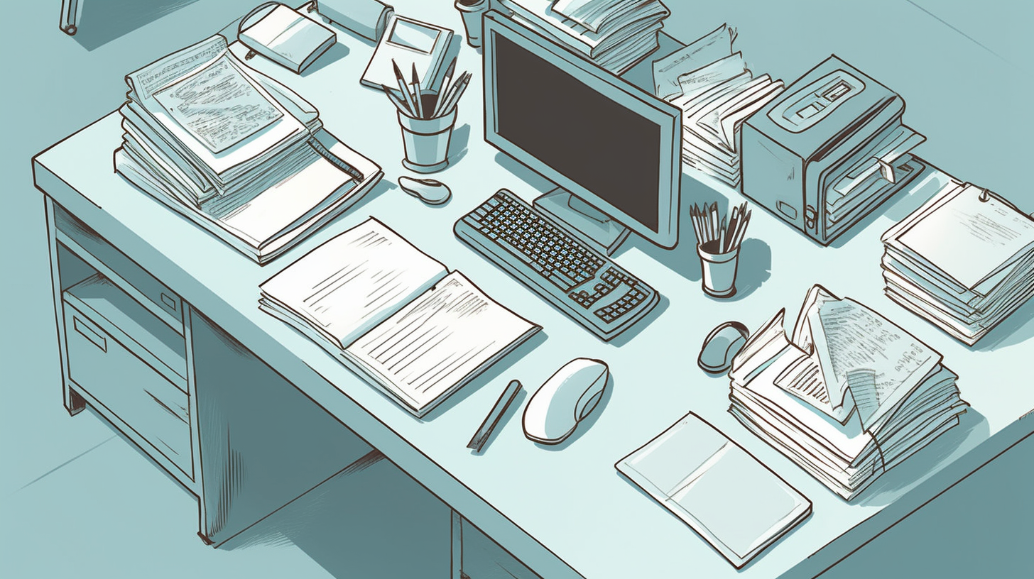 Illustration of a desk covered with documents, files, and a computer workstation, representing verification, attribution, copyright concerns, and public debate around AI-generated content by AI Creator 21000.