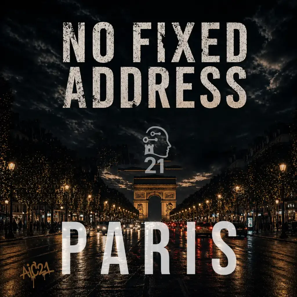 AI Creator 21000 original electronic music release No Fixed Address Paris featuring AI-inspired artwork and soundtrack streaming access.