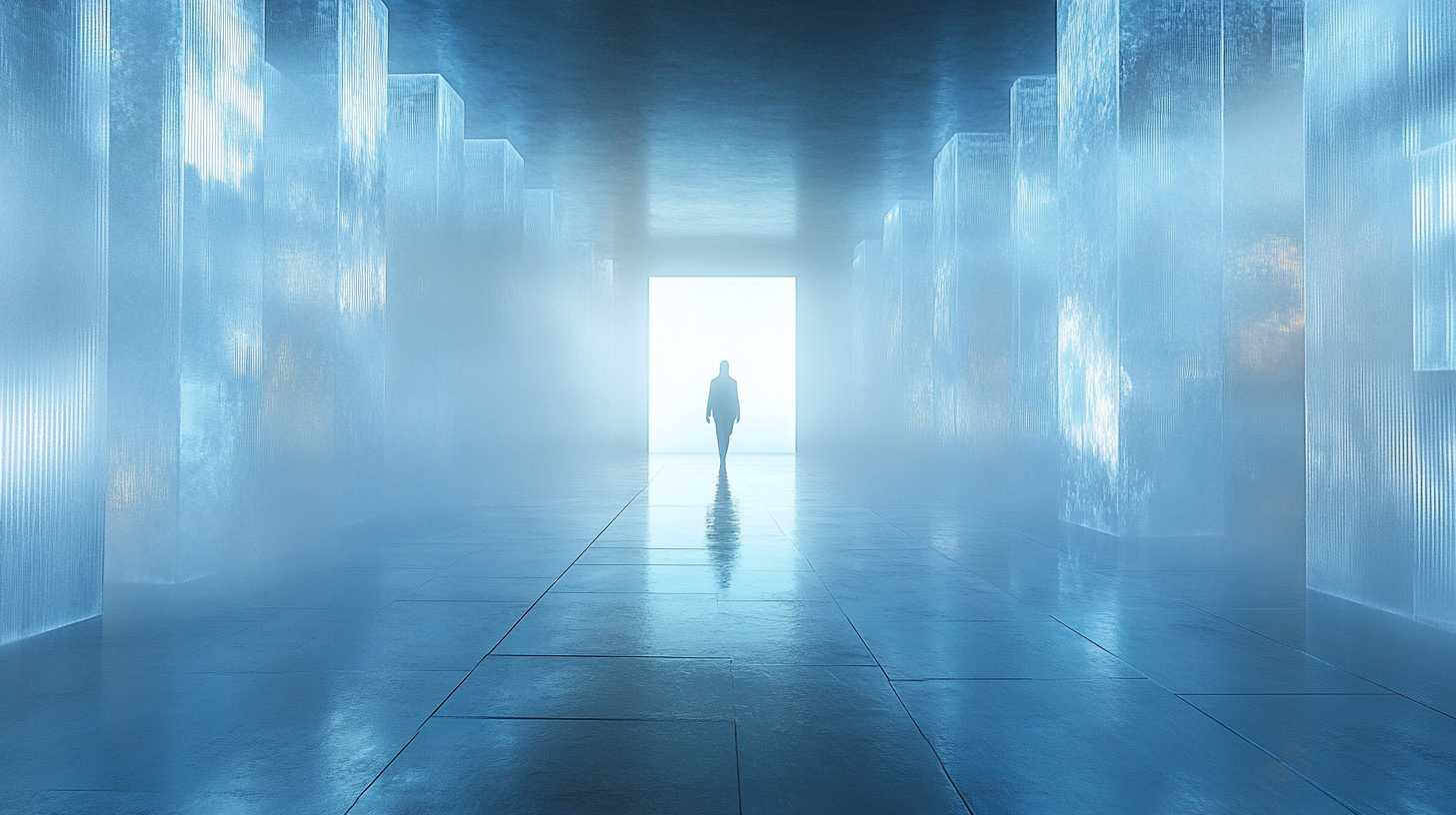 Person walking toward a bright doorway in a futuristic corridor, illustrating the article If AI Makes People Lazy, Explain This about productivity, learning, effort, and human adaptation to AI tools by AI Creator 21000.