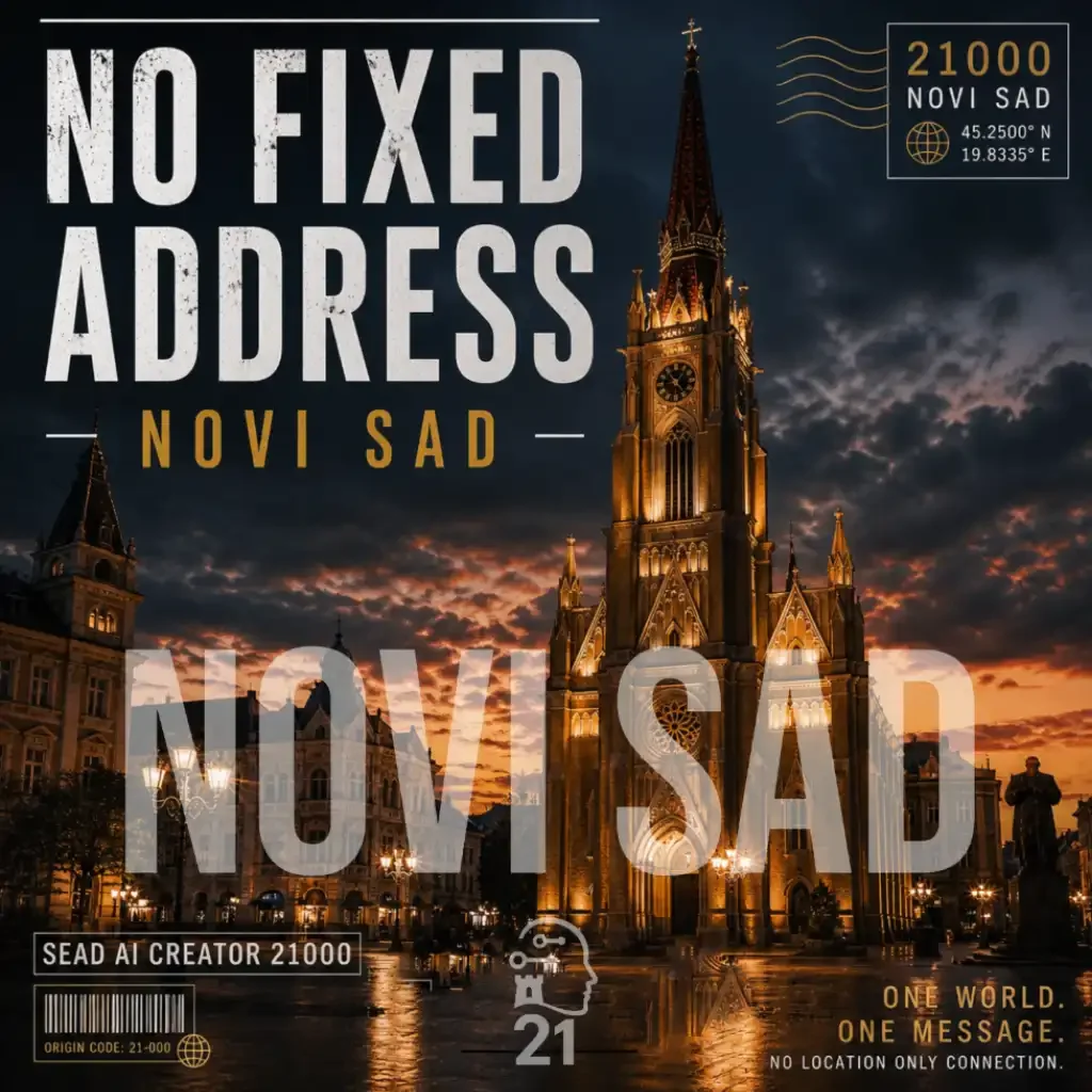 AI Creator 21000 original electronic music release No Fixed Address Novi Sad featuring AI-inspired artwork and soundtrack streaming access.