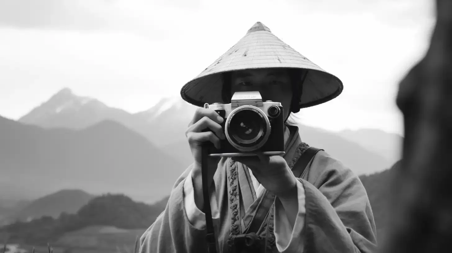 Photographer holding a camera in front of a mountain landscape, illustrating the article The End of Creative Gatekeeping about AI, creativity, publishing, and access to creative tools by AI Creator 21000.