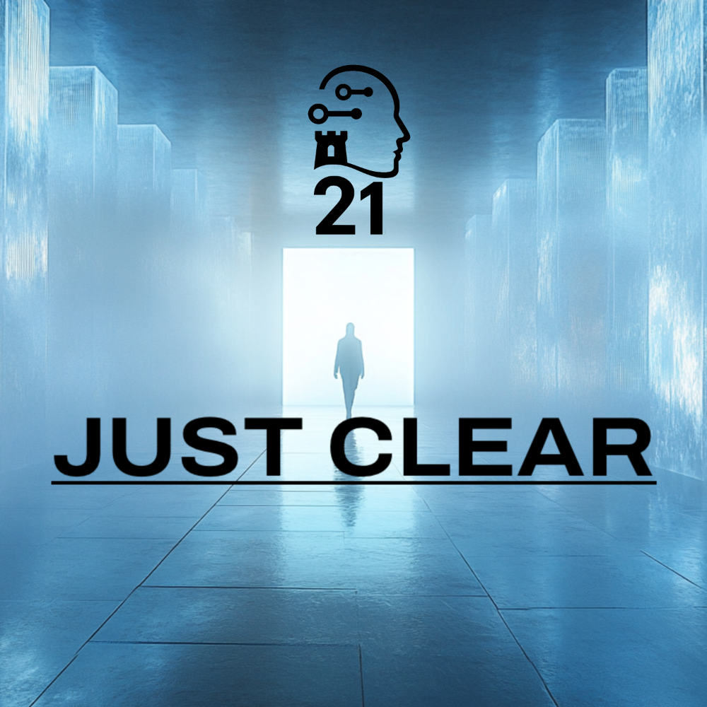 AI Creator 21000 original electronic music release Just Clear featuring AI-inspired artwork and soundtrack streaming access.