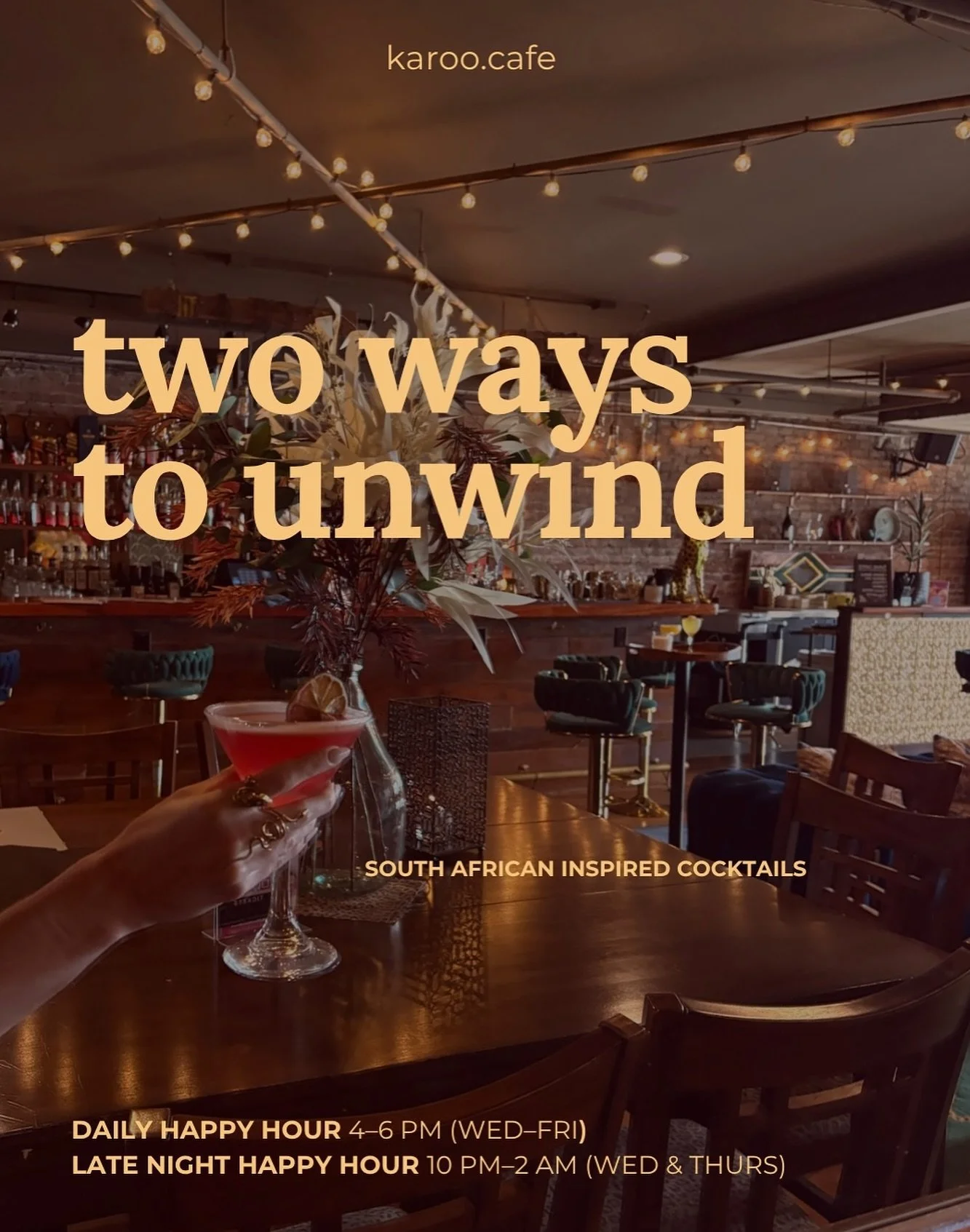 Seattle, you deserve options.

Whether you&rsquo;re chasing golden hour or winding down after midnight, Karoo Caf&eacute; has you covered.

Join us for:
✨ Daily Happy Hour: Wednesdays to Fridays, 4&ndash;6 PM
✨ Late Night Happy Hour: Wednesdays &amp;