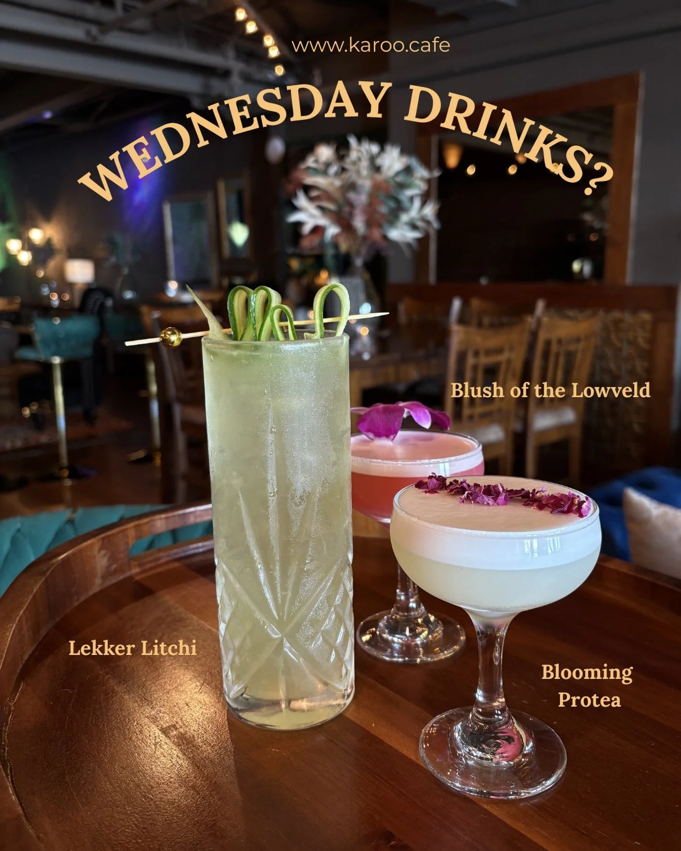 Wednesday is a perfectly reasonable night for cocktails.

On the tray tonight:
Lekker Litchi
Blush of the Lowveld
Blooming Protea

And if these aren&rsquo;t your flavour, the rest of the menu has plenty waiting for you.

See the full cocktail list at