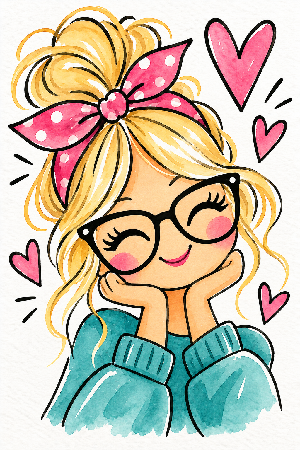 Whimsical Winking Girl with Hearts.png