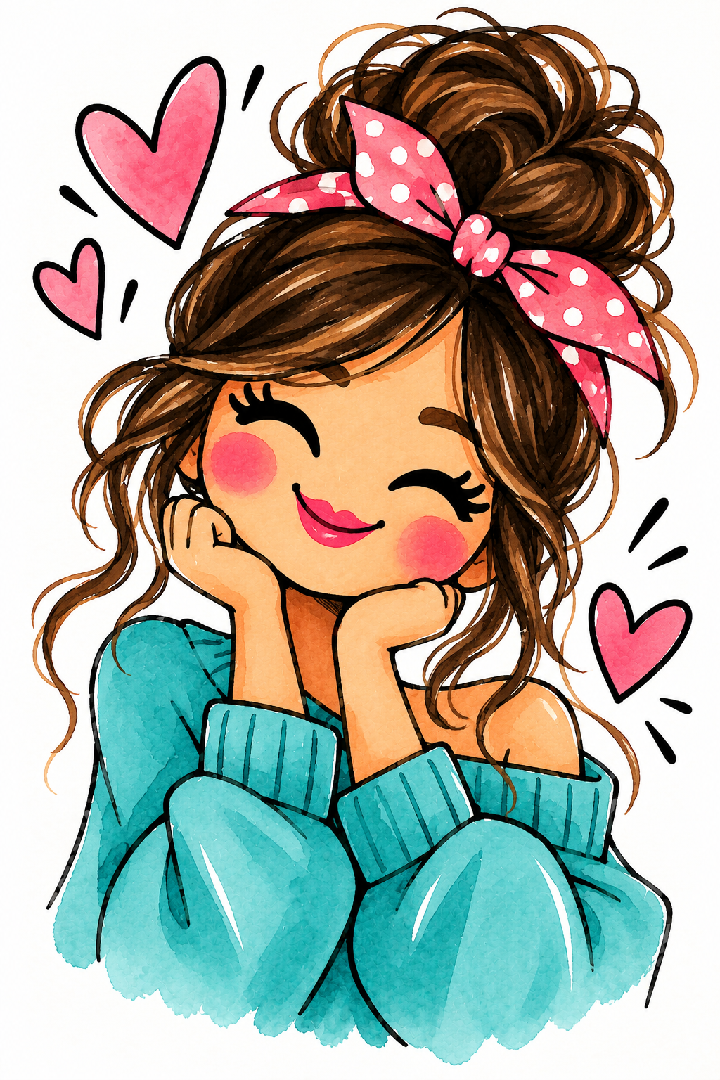 Dreamy Girl with Pink Hearts.png