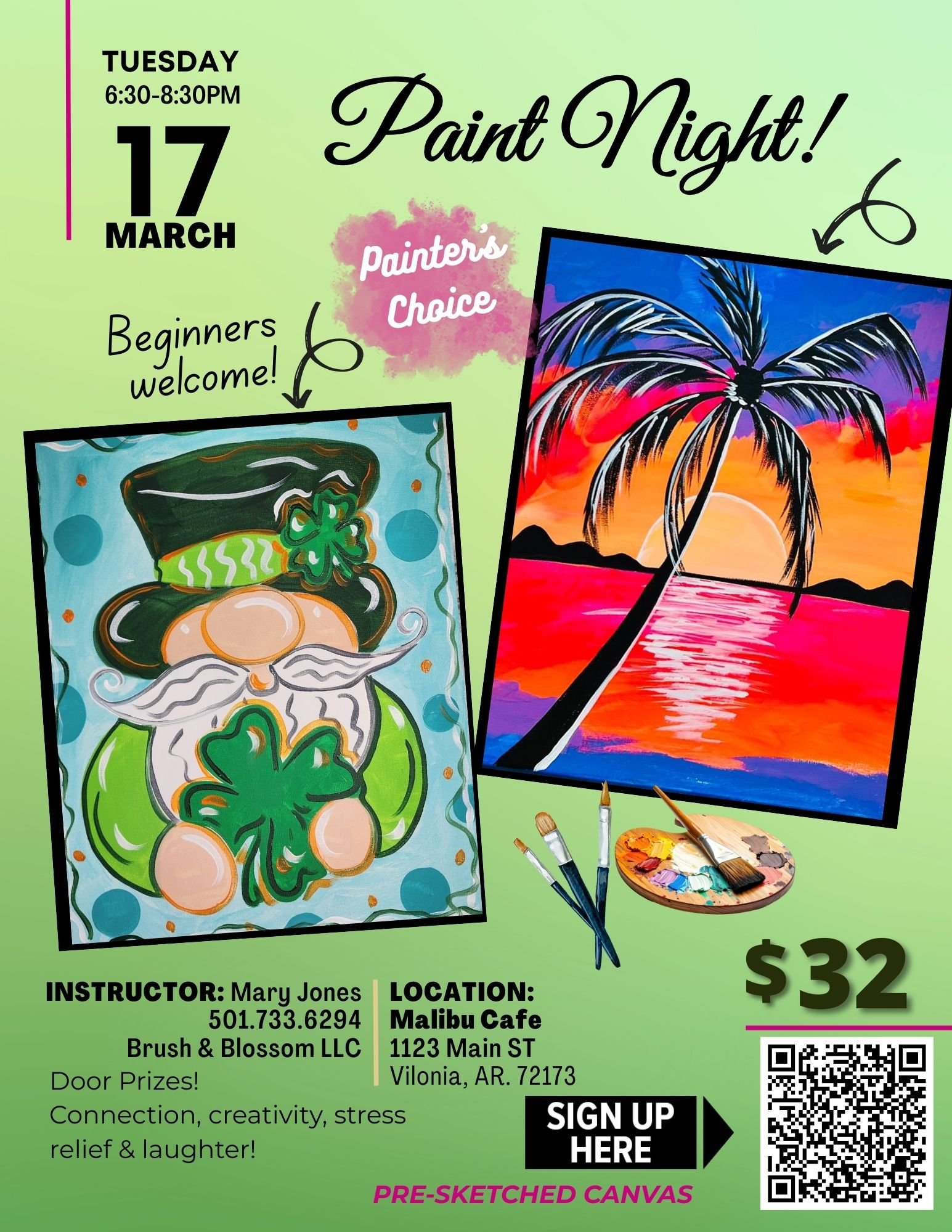 Paint Night Malibu Cafe! St. Patty's Gnome or Sunset Palm 3/17/26