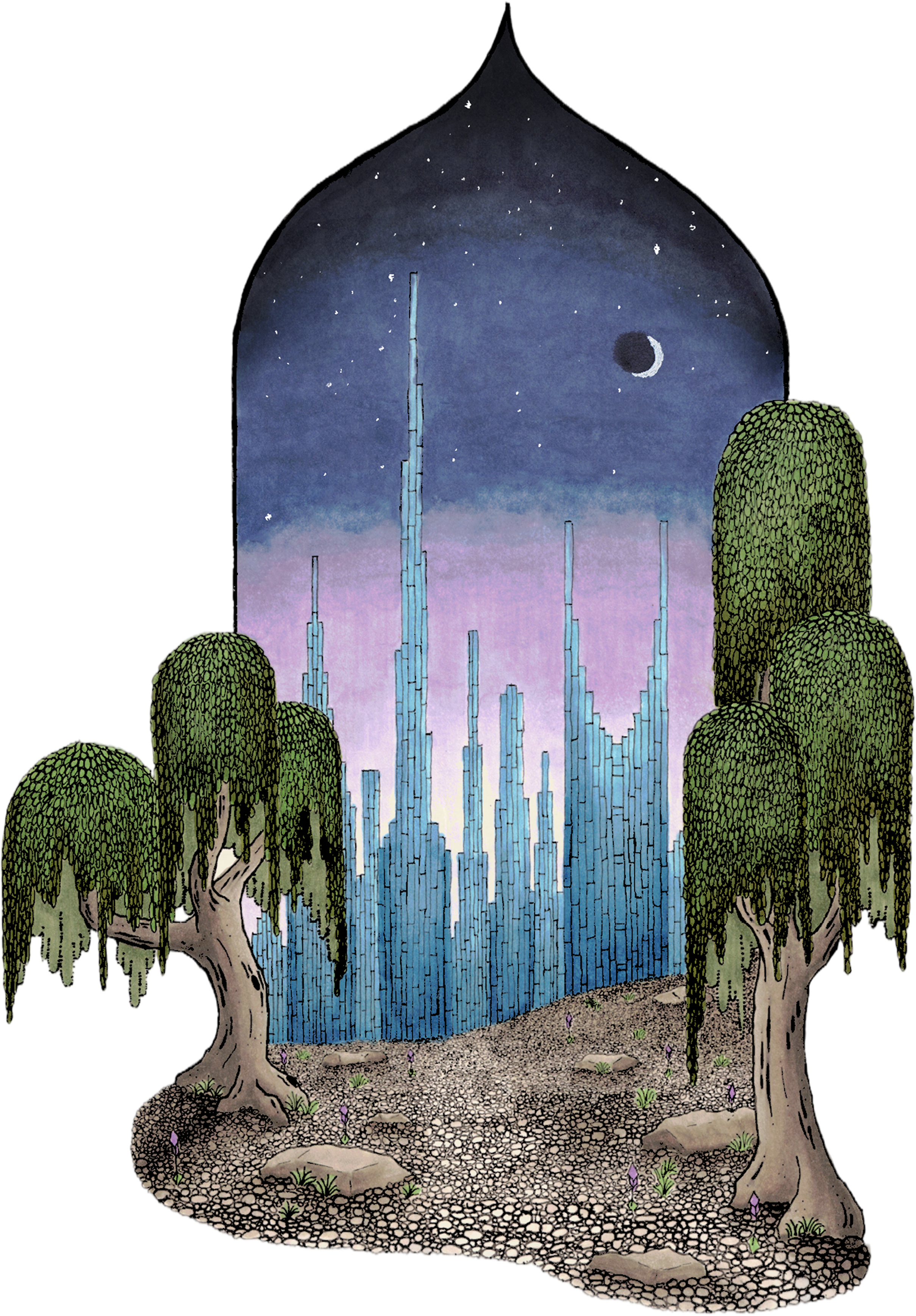 A surreal illustration of a crystal blue skyscrapers viewed from a distance, at the edge in the style of the blackened forrest,Kay Nielsen