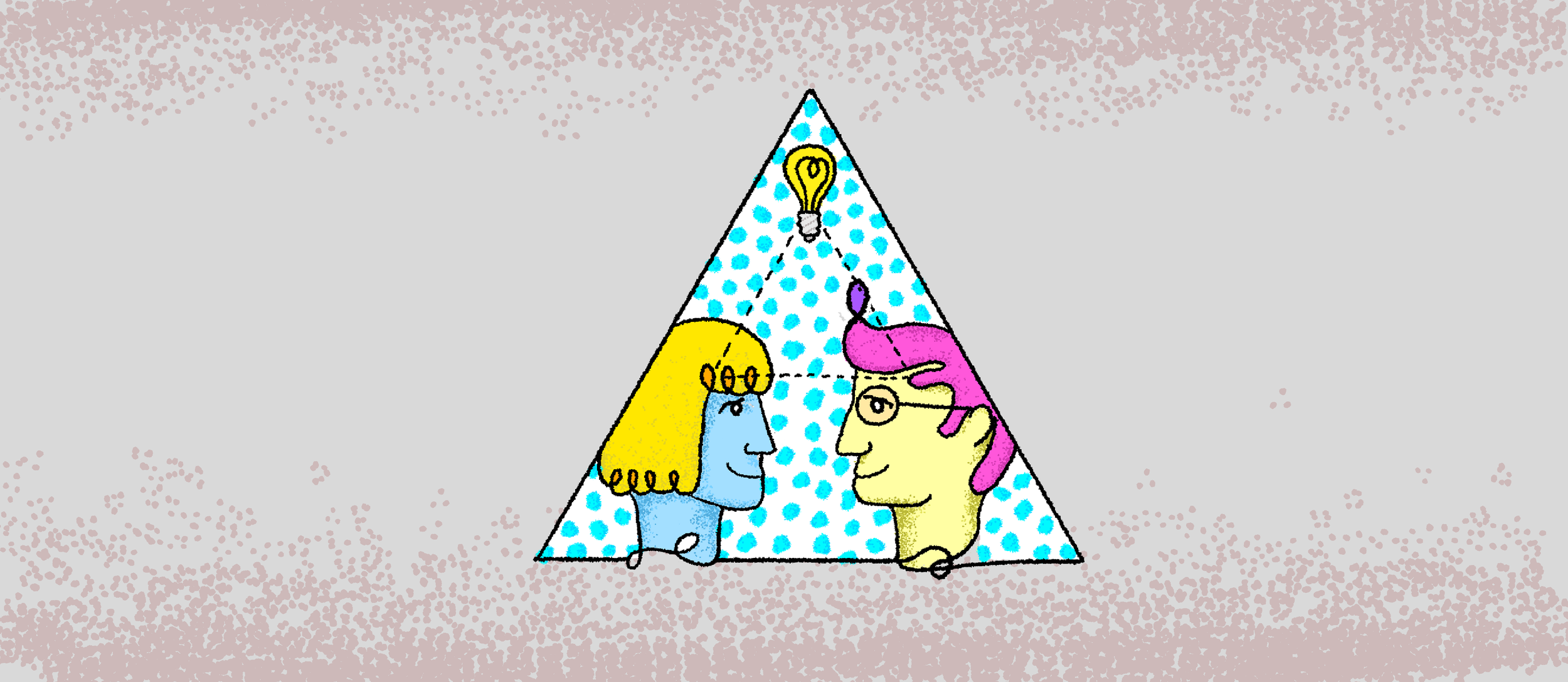 Two cartoon characters, one with blonde hair and glasses, and one with pink hair, face each other inside a dotted triangle with a lightbulb at the top, on a speckled pink and gray background.