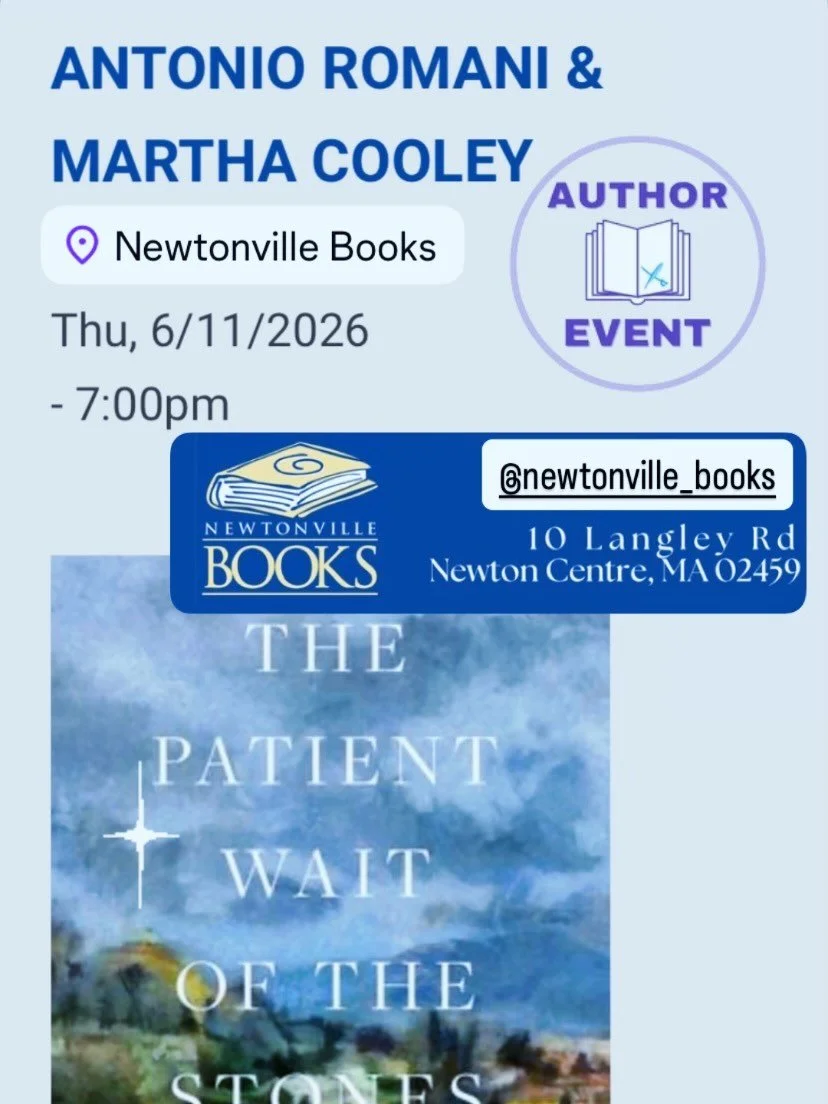 Delighted to announce the next stop on #thepatientwaitofthestones book tour: 

June 11, 7pm @newtonville_books 📚 🪨 

Mark your calendars for this exciting opportunity to hear Antonio Romani and @martha.cooley275 discuss their brilliant literary nar