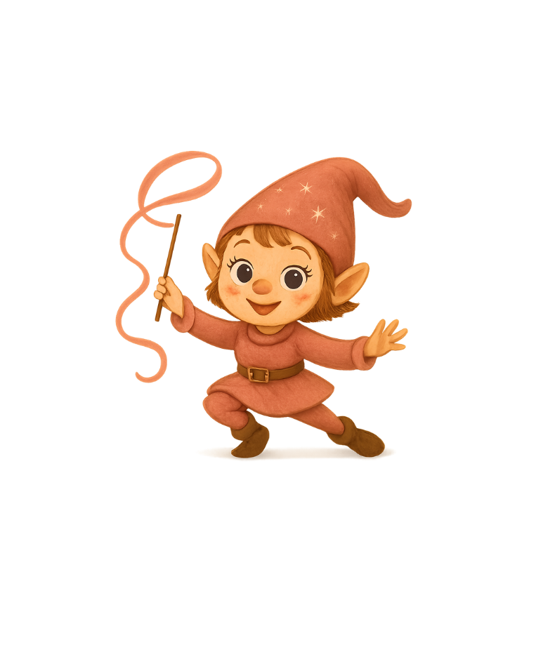 En tegneserie-gnomepige iført rødt tøj og hat, der holder en tryllestav.