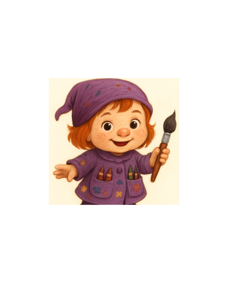Tegneserieaf person med rødbrunt hår iført purple skjorte og hue, der holder en malerpensel.