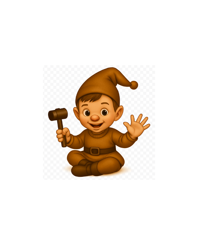 En tegneseriefigur af en dreng som julemanden, siddende krydsbenet, med nissehue, der holder en klubpe og vinkende.