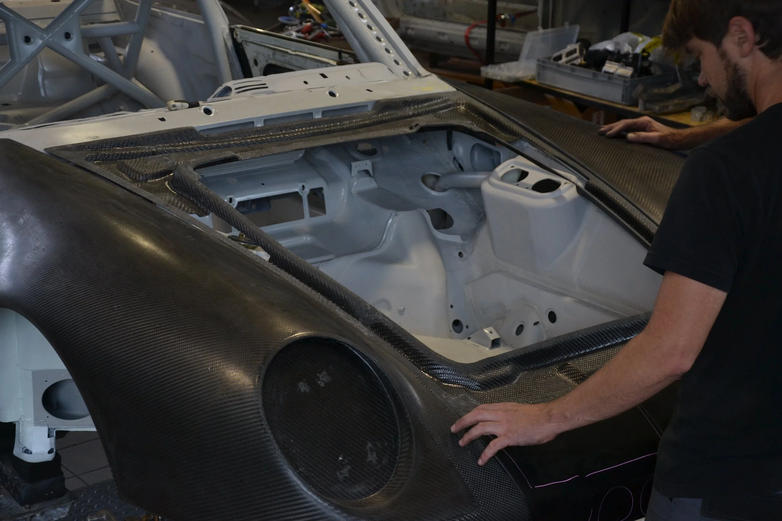 Ted Sikkens working on the interior of the Sikkens Motorsport Dakar heritage project car during build phase