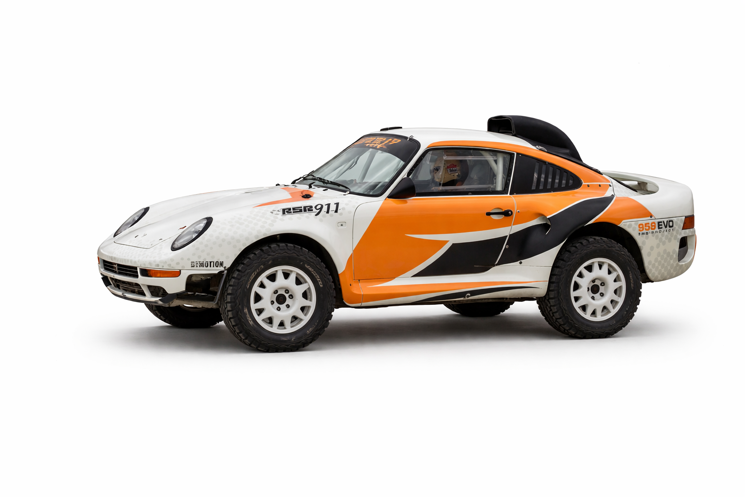 A vintage race car with orange, black, and white graphics, featuring rally wheels and racing decals, on a white background.