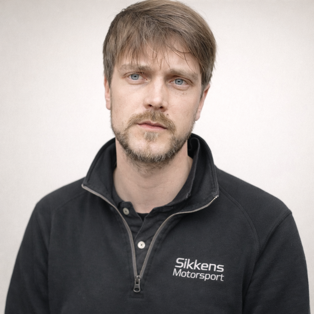 A man with light brown hair and a beard wearing a black jacket with 'Sikkens Motorsport' logo, looking at the camera, in front of a plain white background.