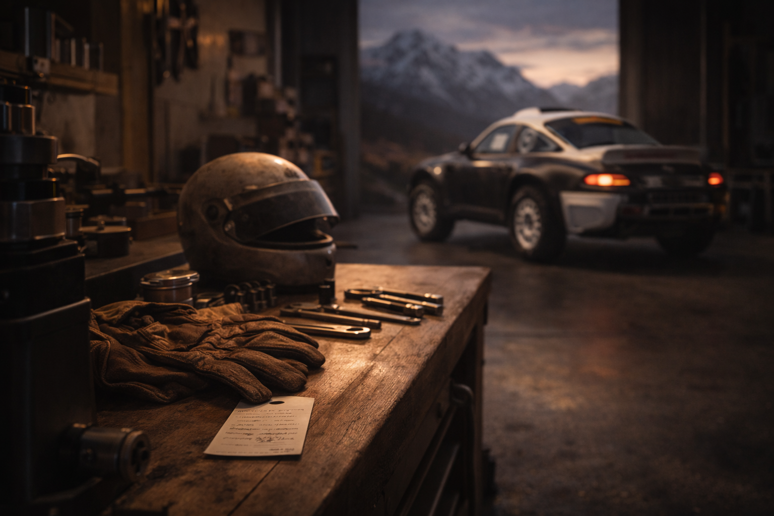 A garage with a racing helmet, gloves, and tools on a workbench, with a black sports car and mountains visible outside in the background.