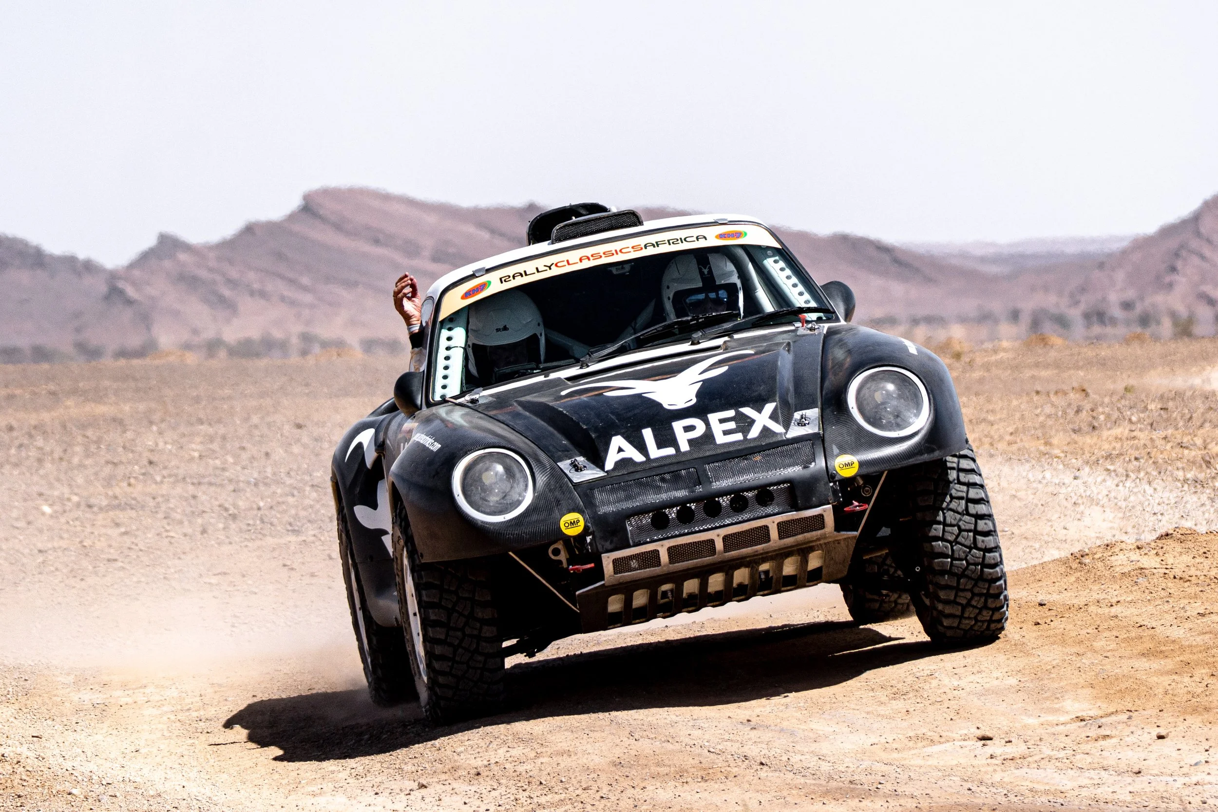 Sikkens Motorsport Dakar heritage project rally car driving on desert terrain during off-road testing