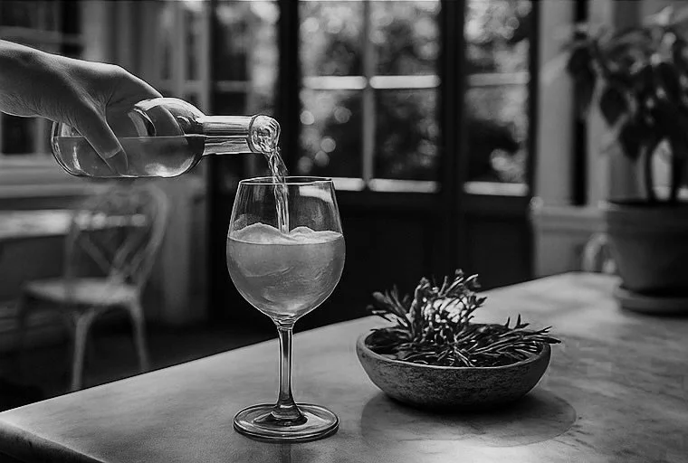 A person pouring a drink from a bottle into a glass on a wooden table with a potted plant and a window in the background.