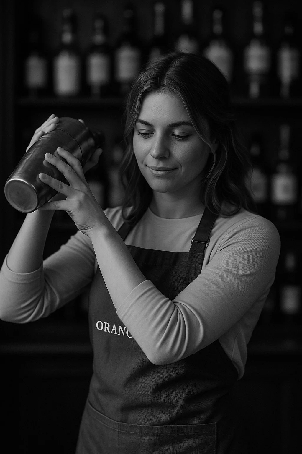 A woman with wavy hair wearing an apron and long-sleeve shirt, pouring a liquid from a shaker bottle in a store or bar setting.
