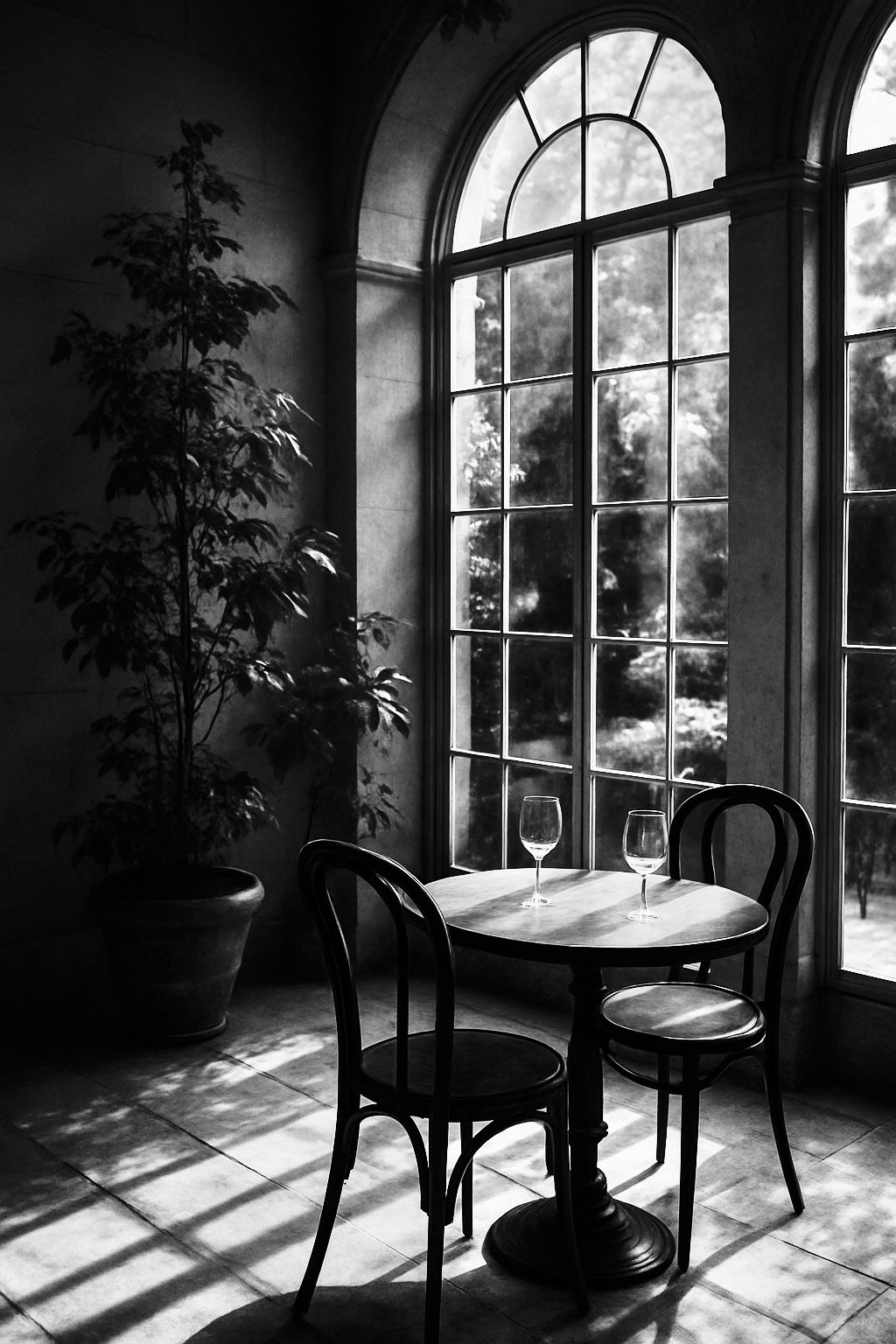 Black and white photo of a round wooden table with two empty wine glasses, two chairs, a large potted plant, and a large arched window showing trees outside.