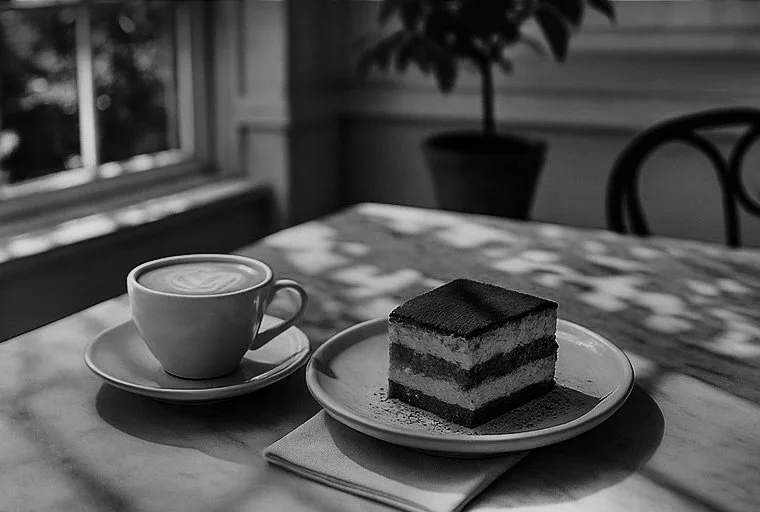 A slice of layered cake and a cup of coffee on a table in a cozy cafe.