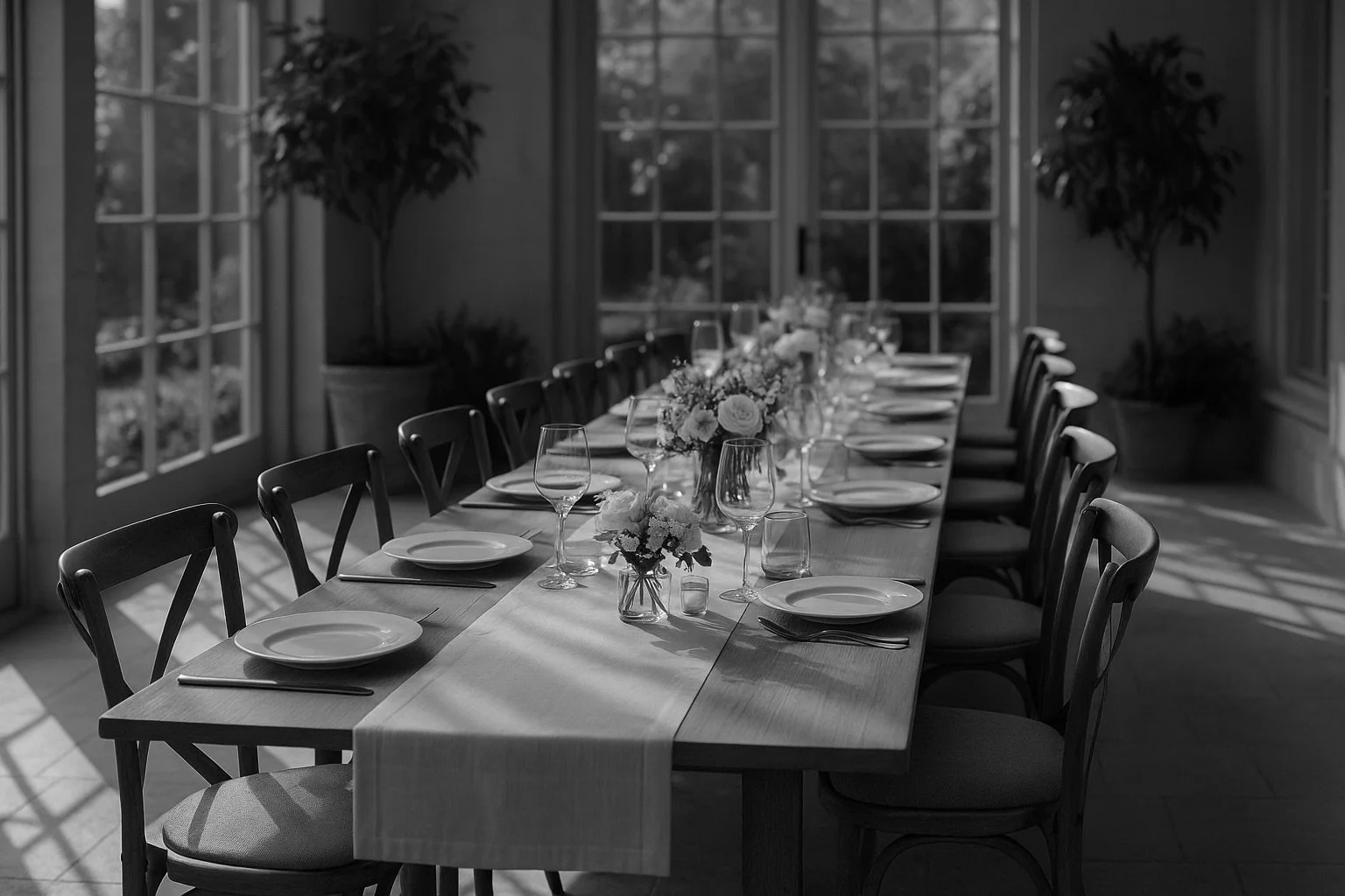 A long dining table set for a formal meal with plates, wine glasses, and floral centerpieces, in a room with large windows and potted plants.