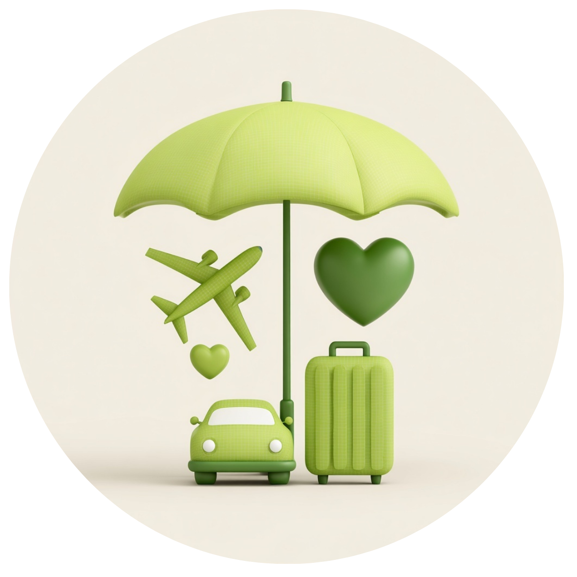 Green travel-themed icons including an umbrella, airplane, heart, suitcase, and car, arranged underneath the umbrella on a plain background.