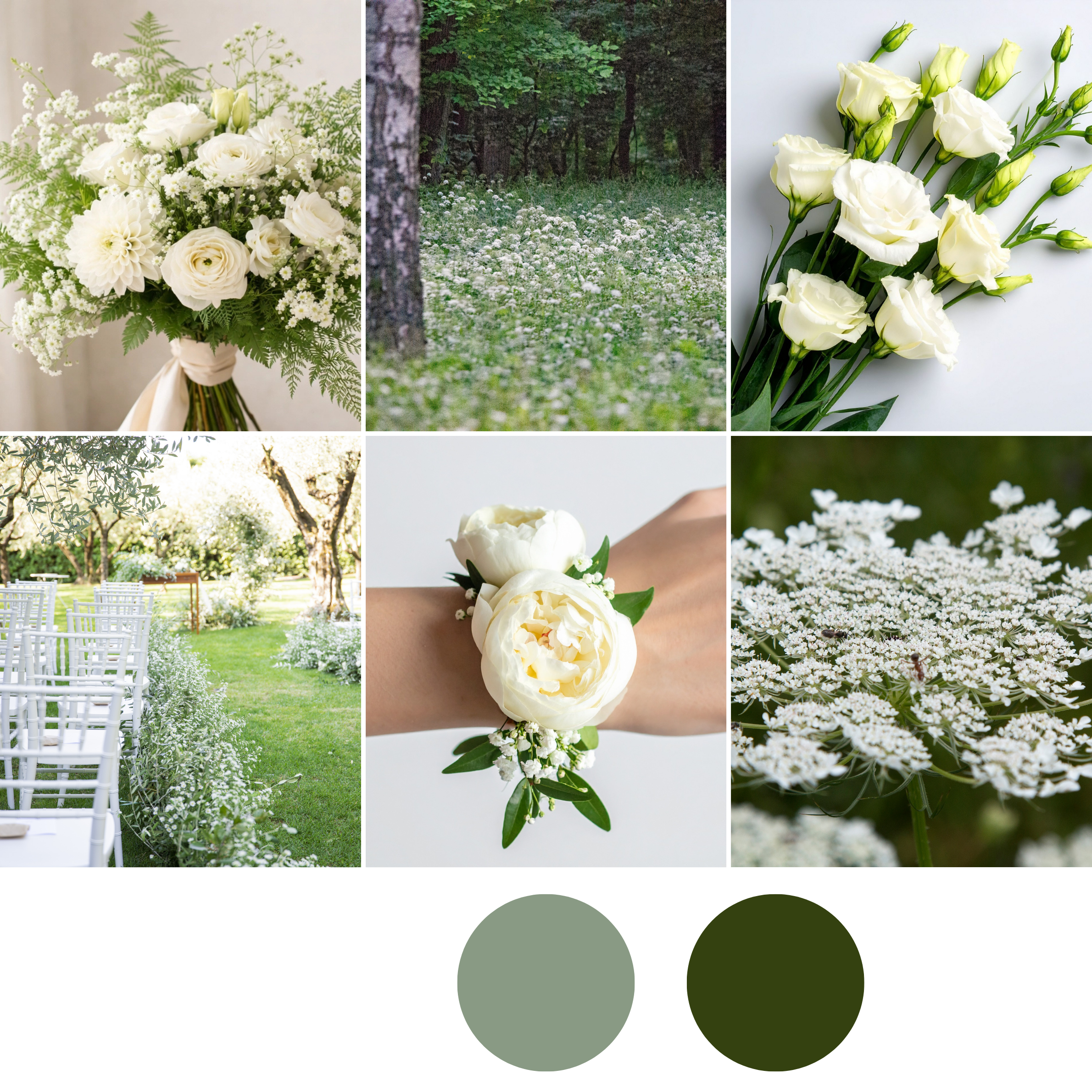 Garden White wedding florals with white bouquets, boutonnieres, soft greenery accents, and coordinated wedding styling in Peoria