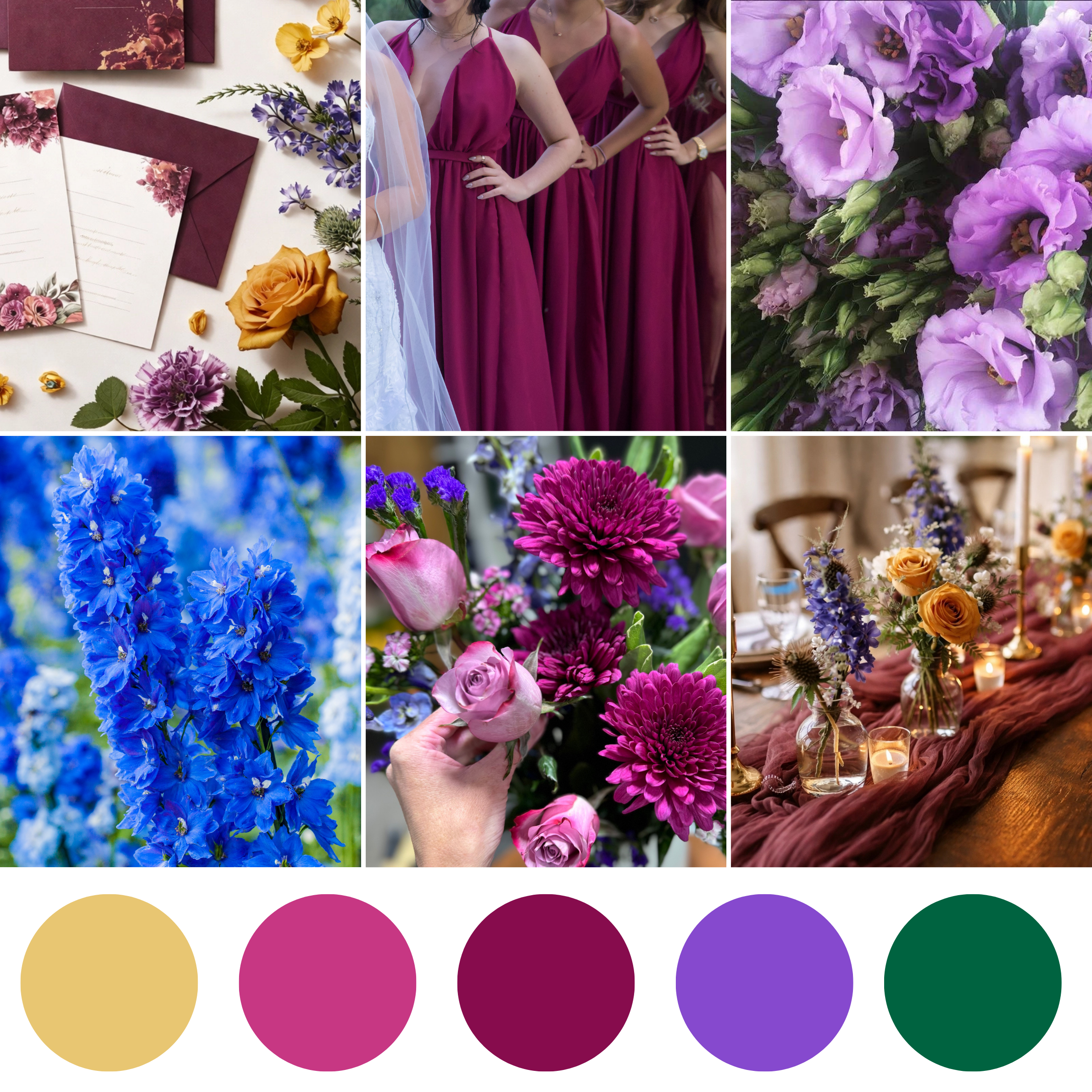 Midnight Amethyst wedding florals featuring deep purple and jewel toned bouquet, corsage, boutonniere, centerpiece, and elegant floral styling