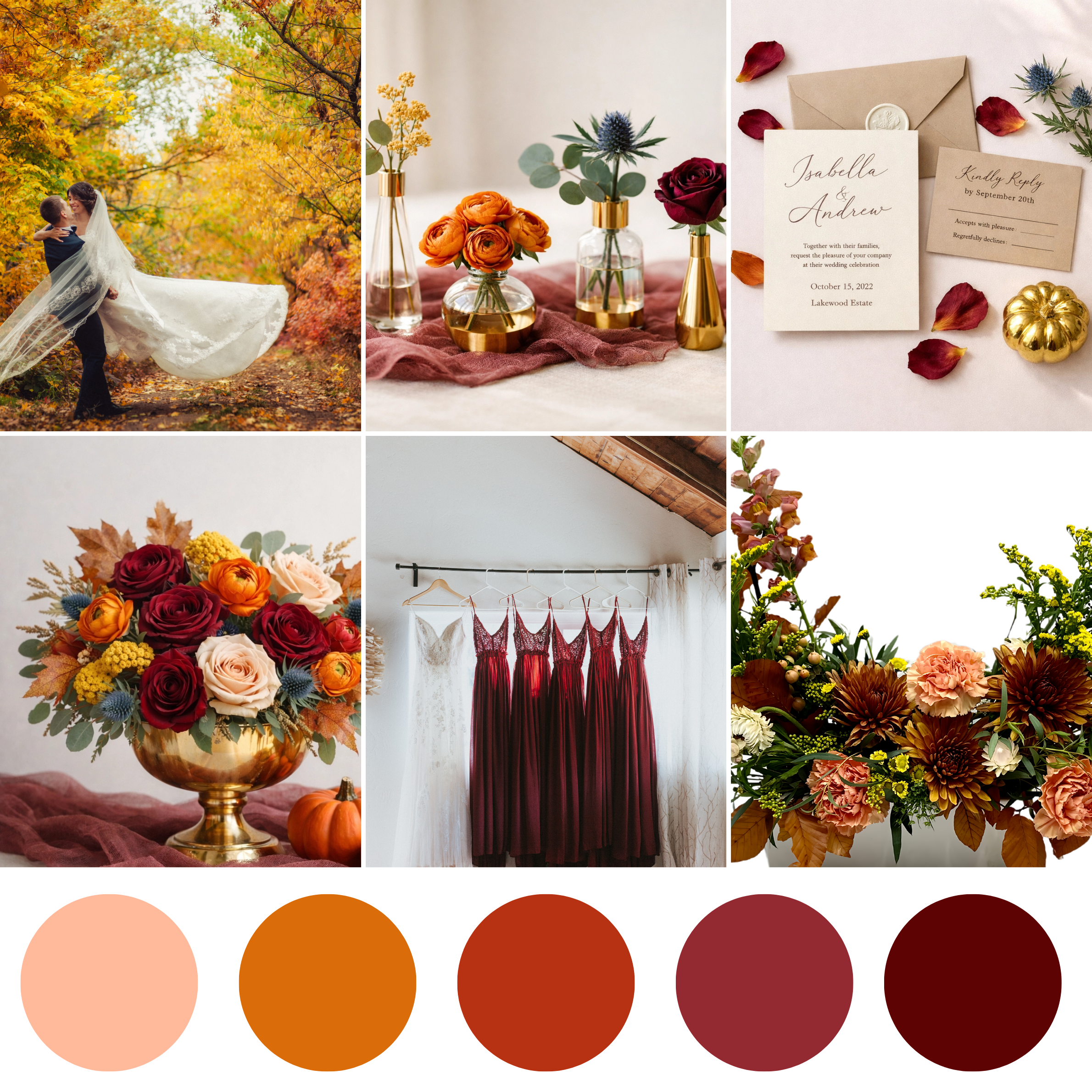 Crimson Harvest wedding florals showcasing bold red, orange and burgundy bouquet, corsage, boutonniere, centerpiece, and coordinated florals for a autumn inspired wedding