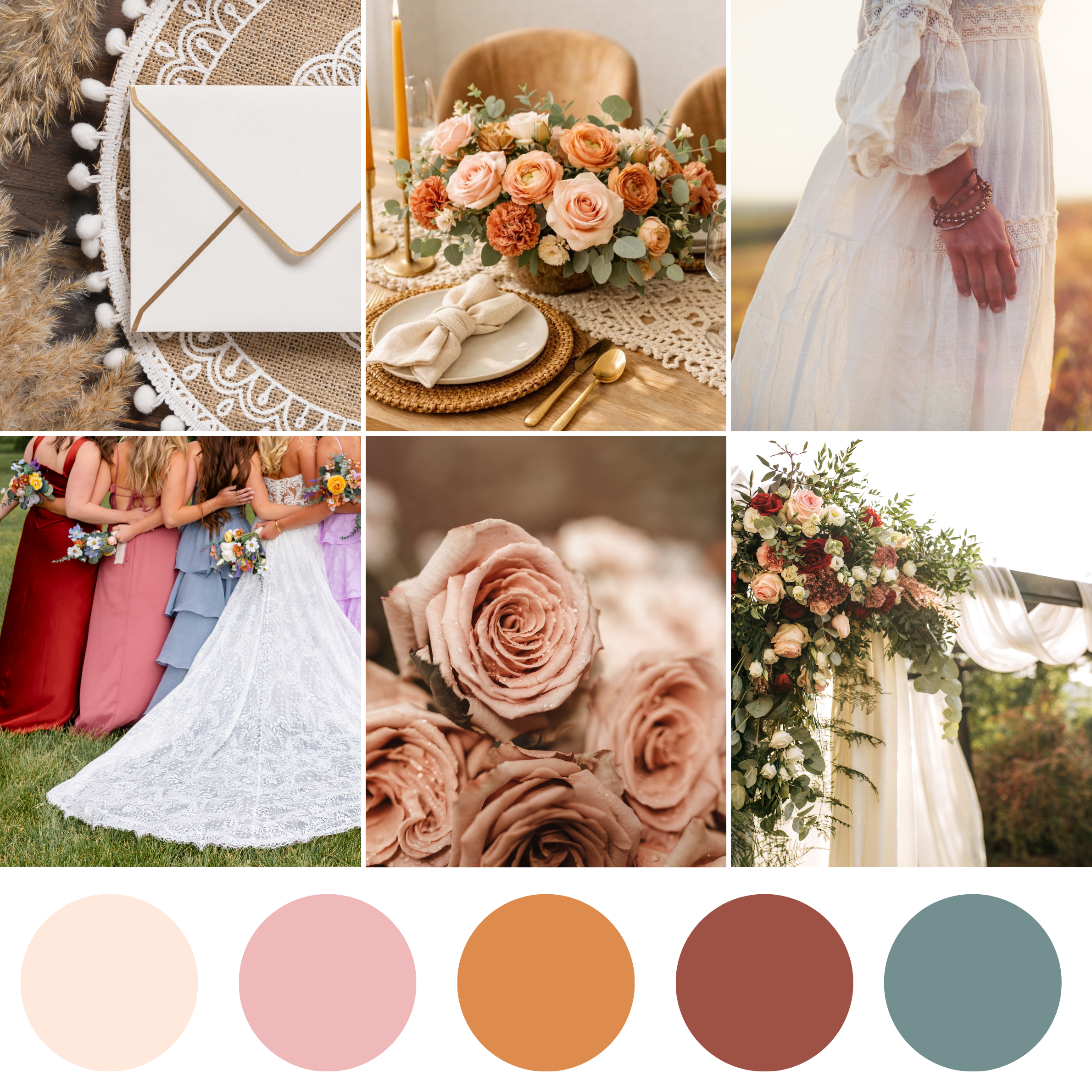 Boheme Bloom wedding florals showcasing earthy-toned bouquet, corsage, boutonniere, centerpiece, and bohemian-inspired florals
