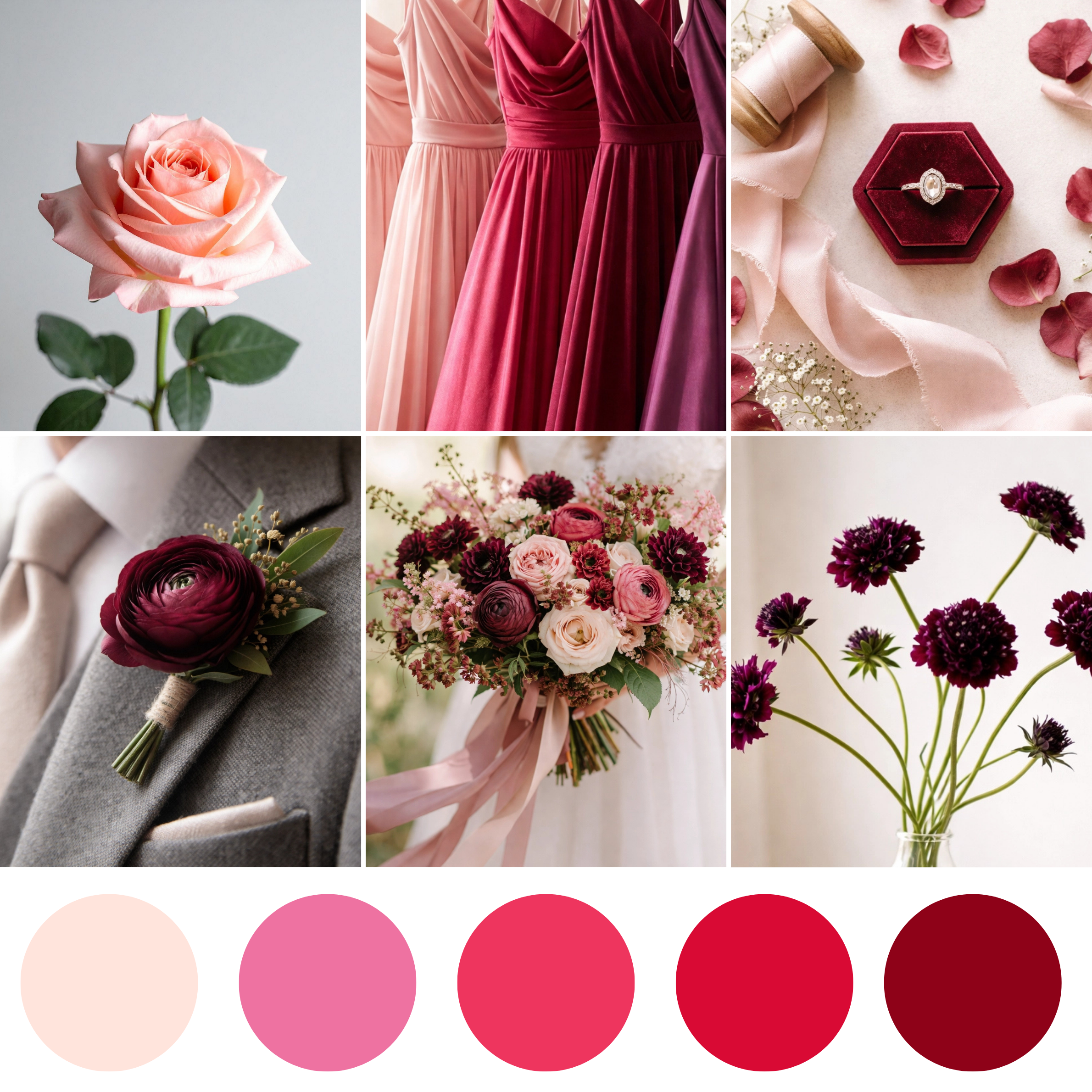 Rose Royale wedding florals with pink bouquet, corsage, boutonniere, centerpiece, and romantic floral arrangements