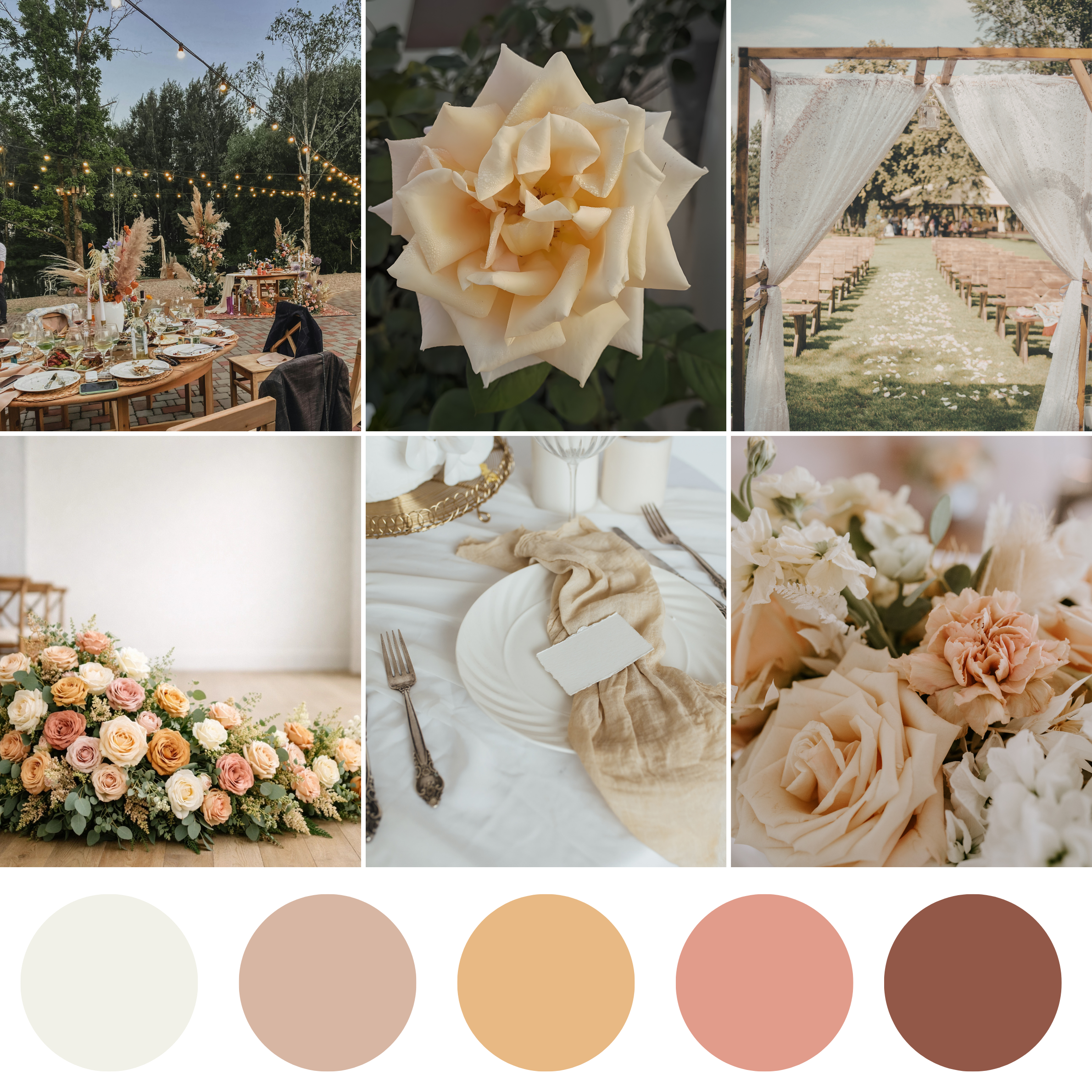 Soft Sand wedding florals with neutral earthy bouquet, corsage, boutonniere, centerpiece, and warm floral arrangements