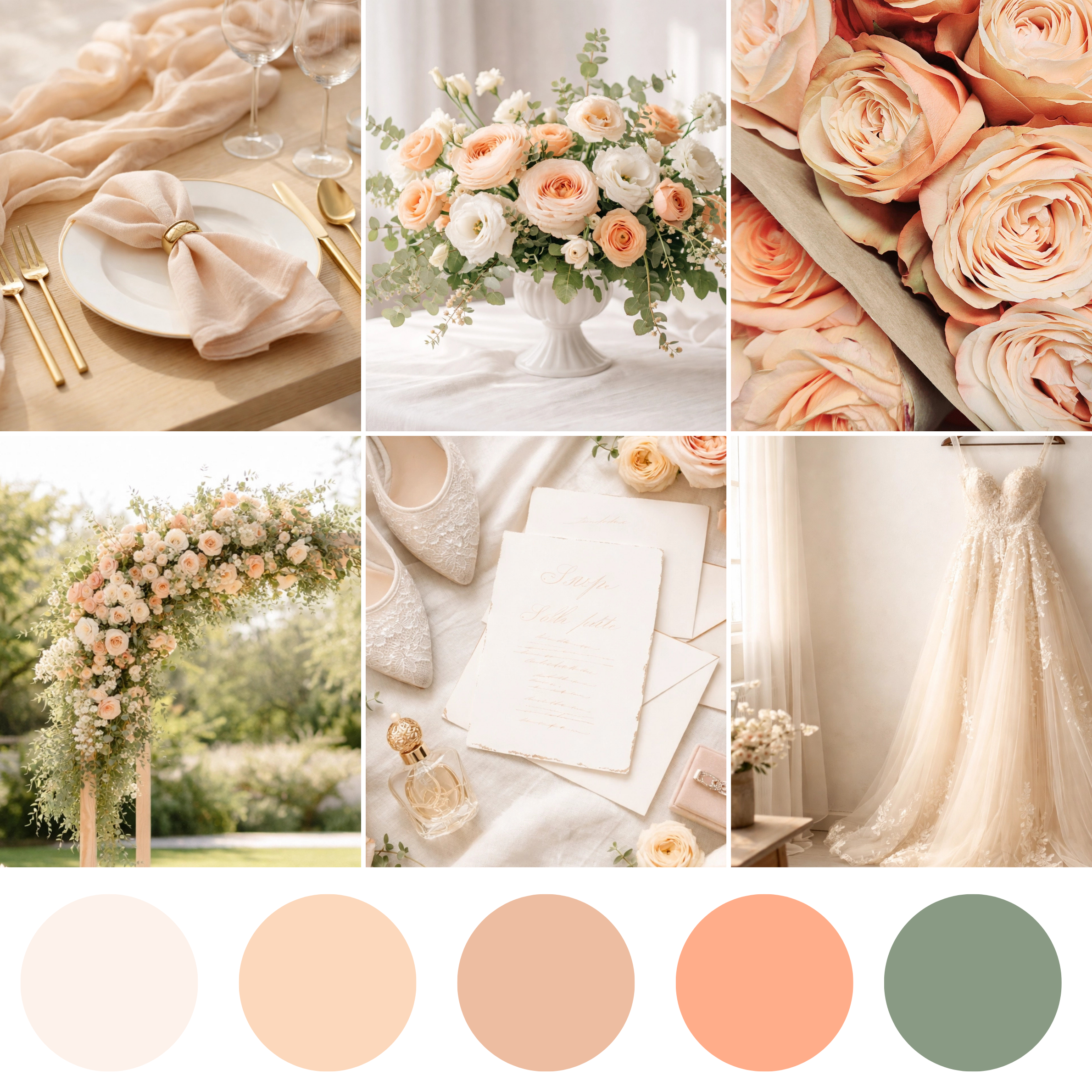 Peaches & Cream wedding florals with soft peach bouquet, corsage, boutonniere, centerpiece, and romantic floral details
