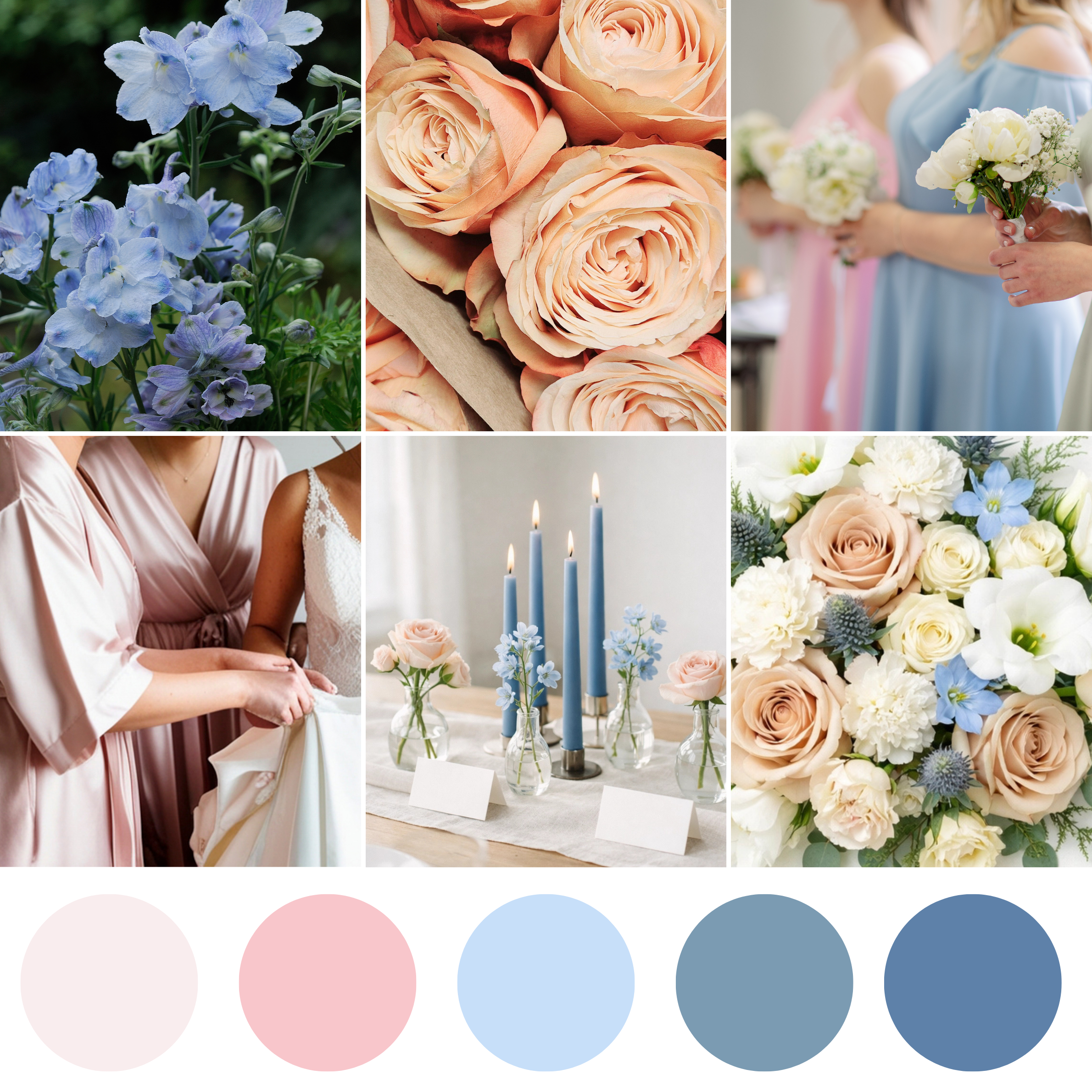 Blushing Blues wedding florals featuring soft blue and blush bouquet, corsage, boutonniere, centerpiece, and coordinated floral details