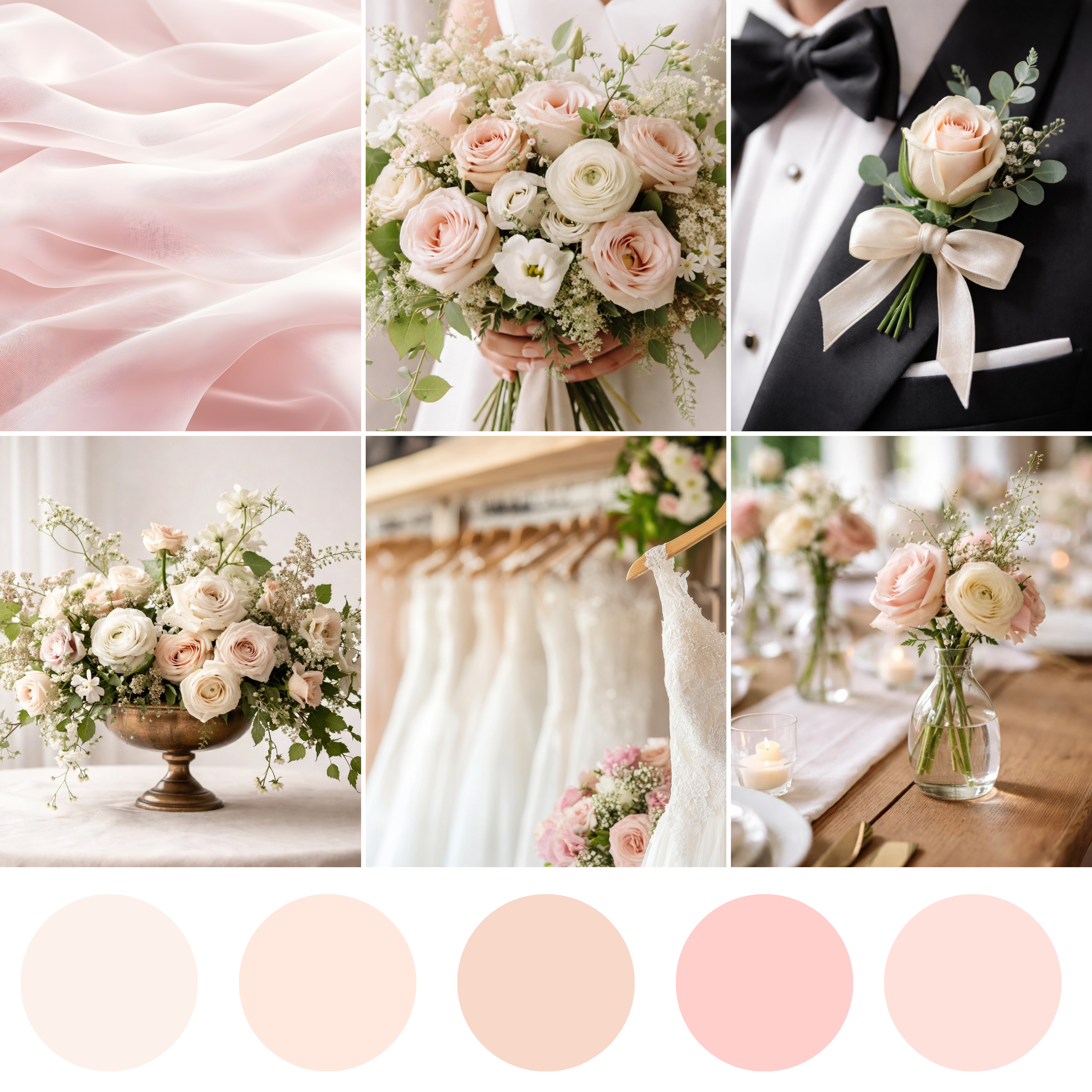 Blushing Muse wedding florals featuring romantic pink bouquet, corsage, boutonniere, centerpiece, and styled florals