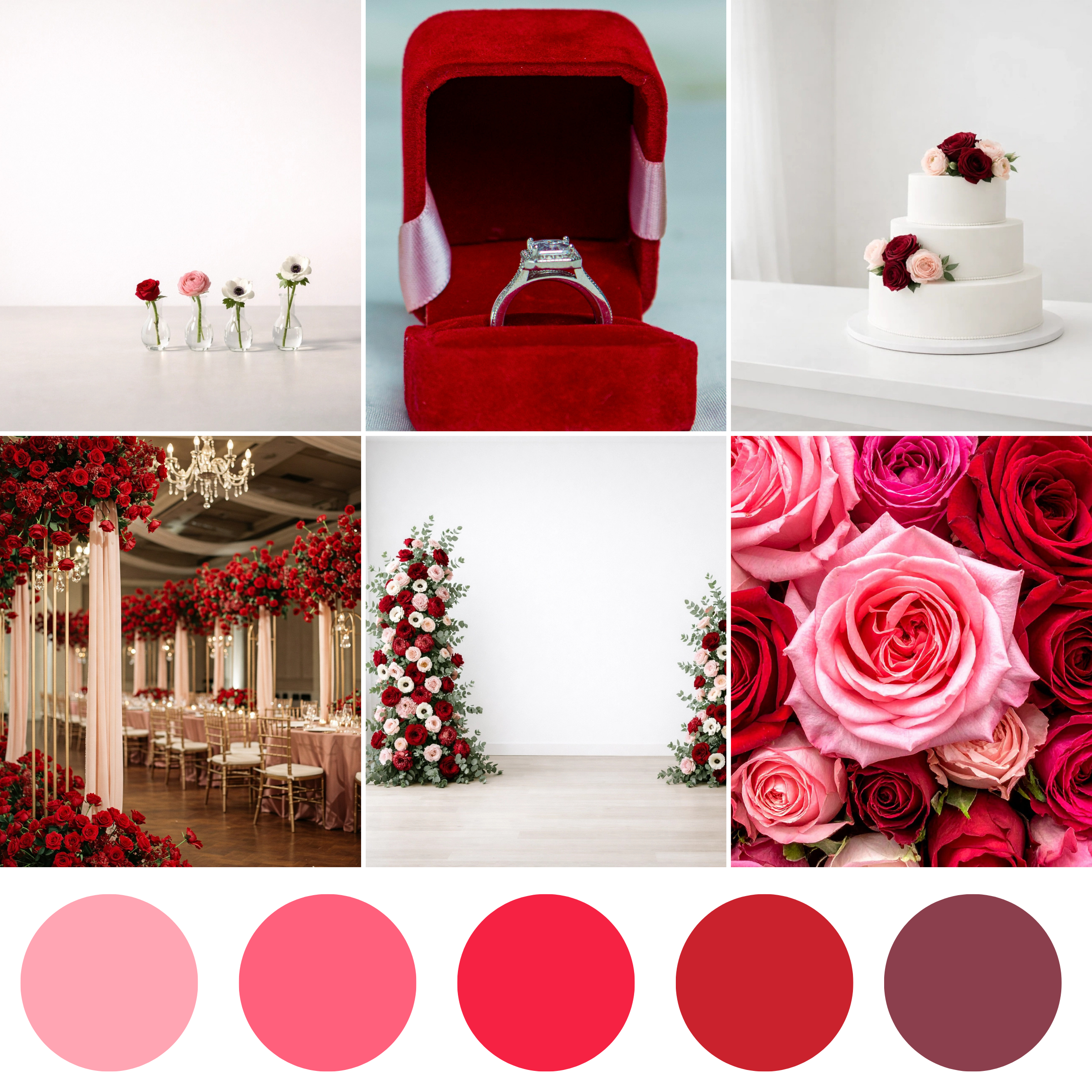 Rose Passion wedding florals featuring rich red bouquet, corsage, boutonniere, centerpiece, and elegant floral styling