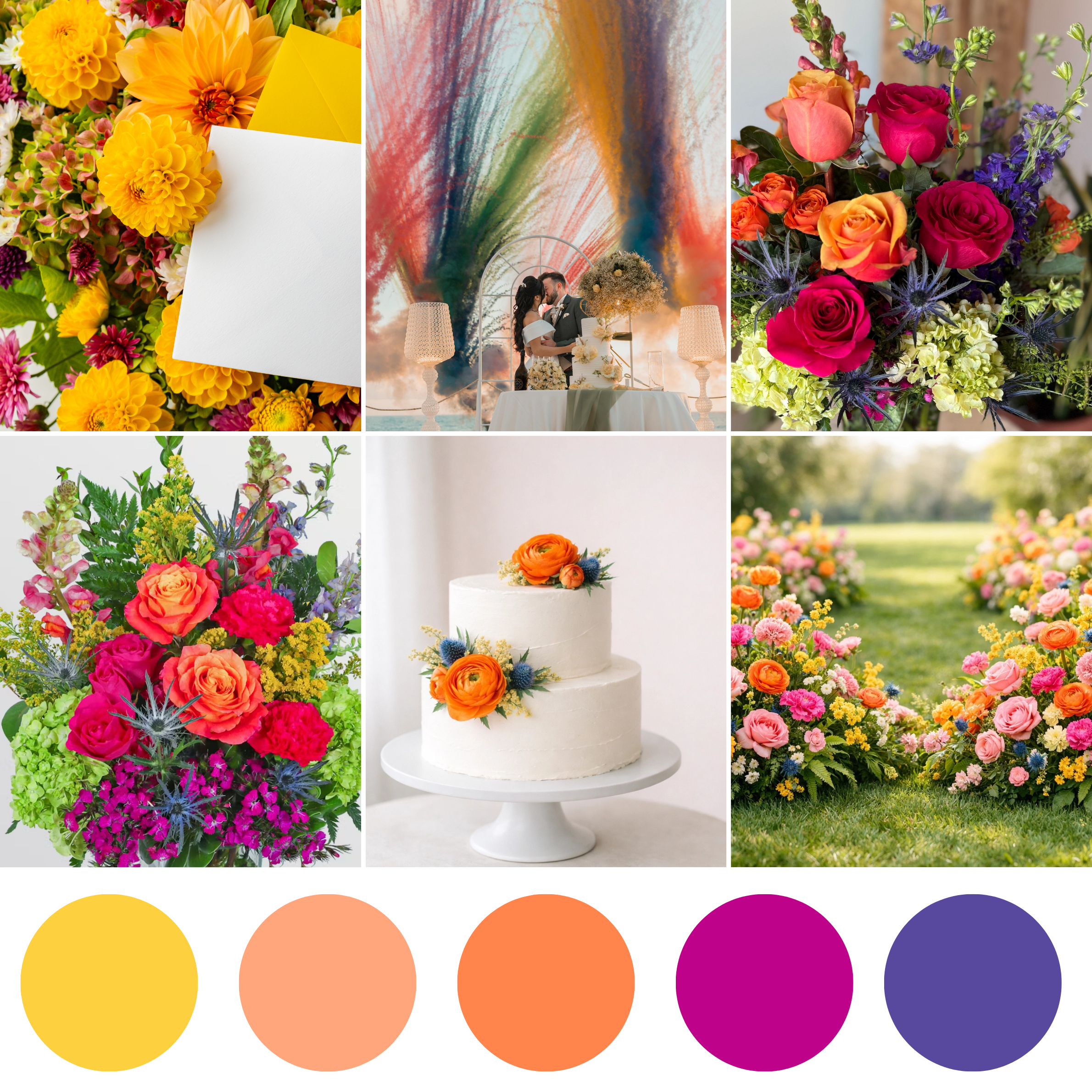 Color Pop wedding florals showcasing bright colorful bouquet, corsage, boutonniere, centerpiece, and eye-catching floral styling