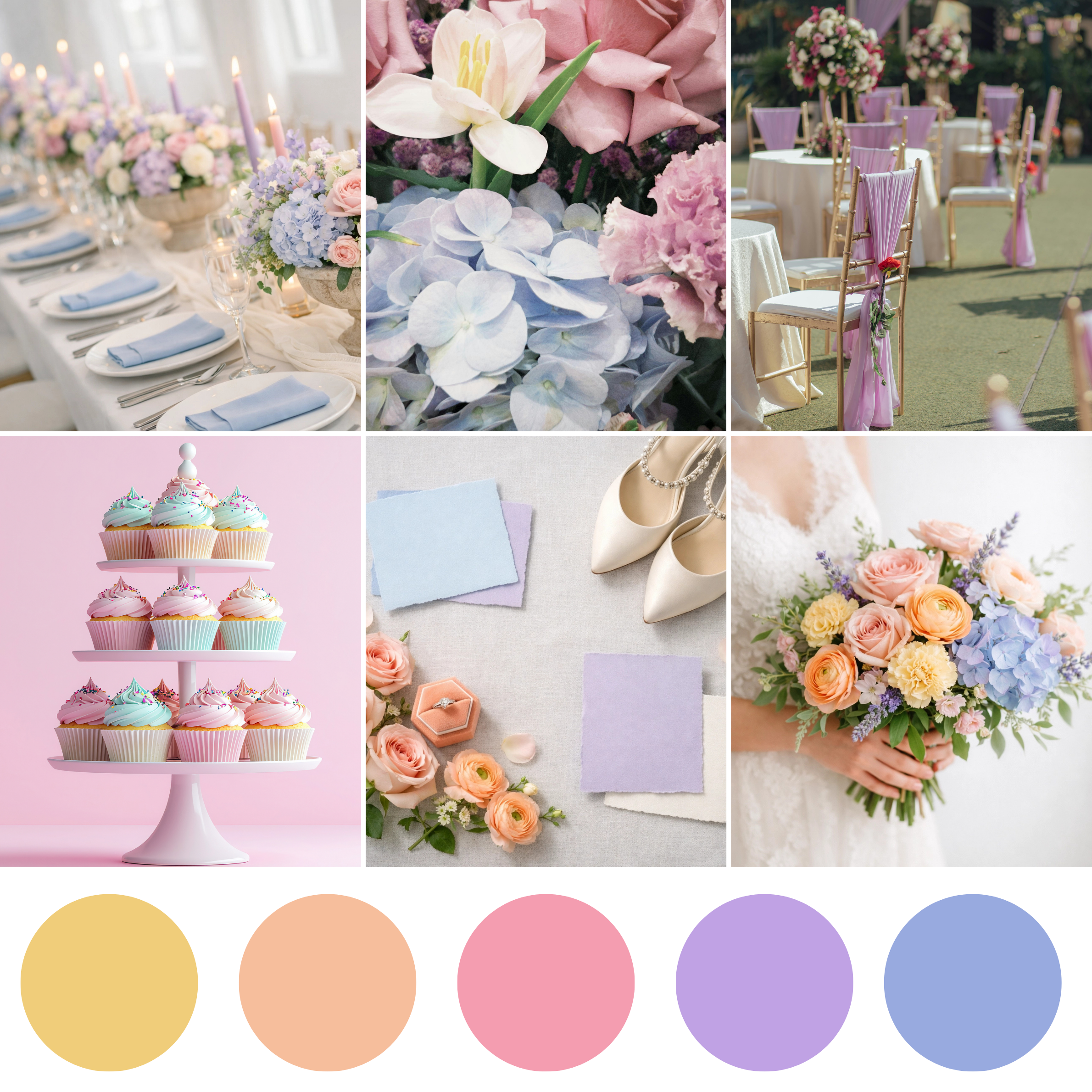 Pastels wedding florals with soft multicolor bouquet, corsage, boutonniere, centerpiece, and coordinated romantic floral arrangements