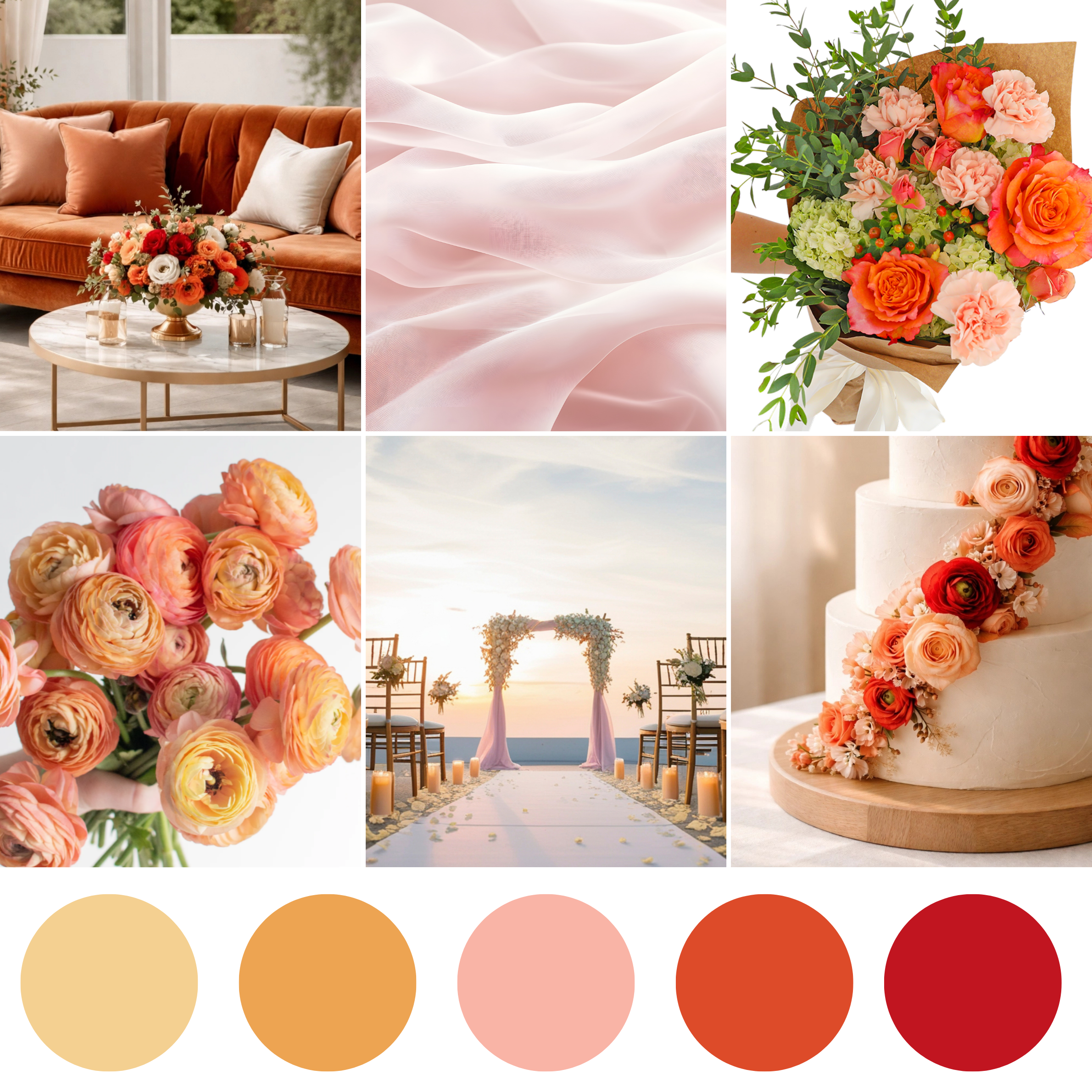 Sunset wedding florals featuring peach and coral bouquet, corsage, boutonniere, centerpiece, and coordinating floral styling
