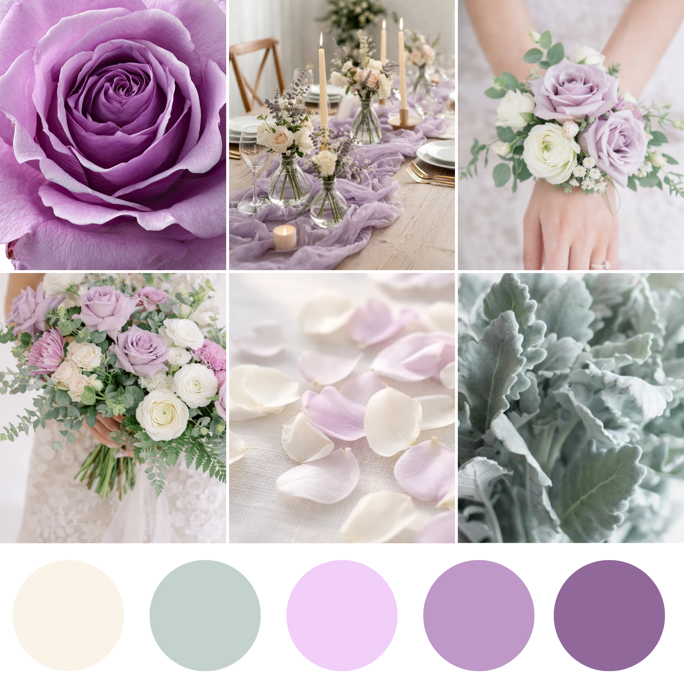 Lavender & Love wedding florals showcasing soft purple bouquet, corsage, boutonniere, centerpiece, and coordinated florals