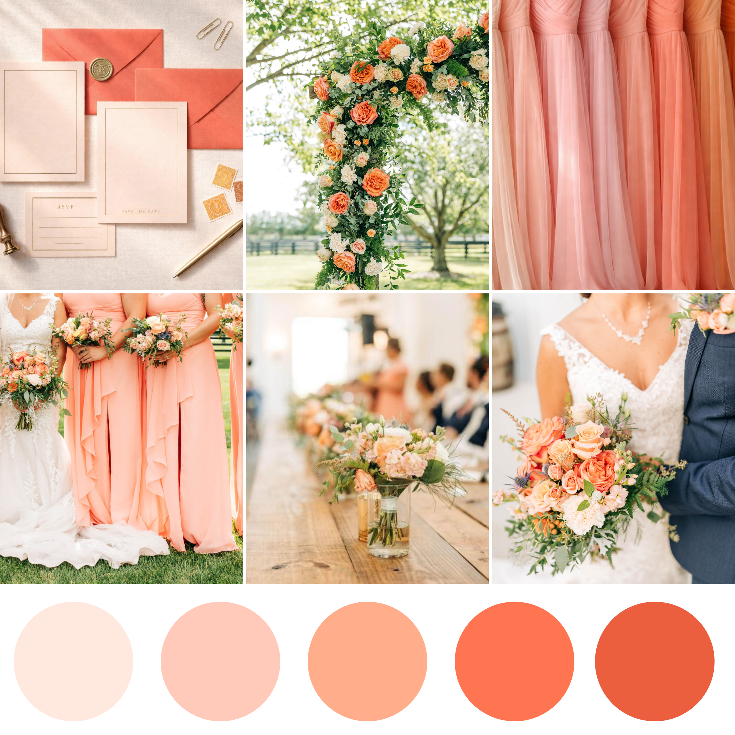 Coral Kiss wedding florals showcasing vibrant coral bouquet, corsage, boutonniere, centerpiece, and coordinating florals