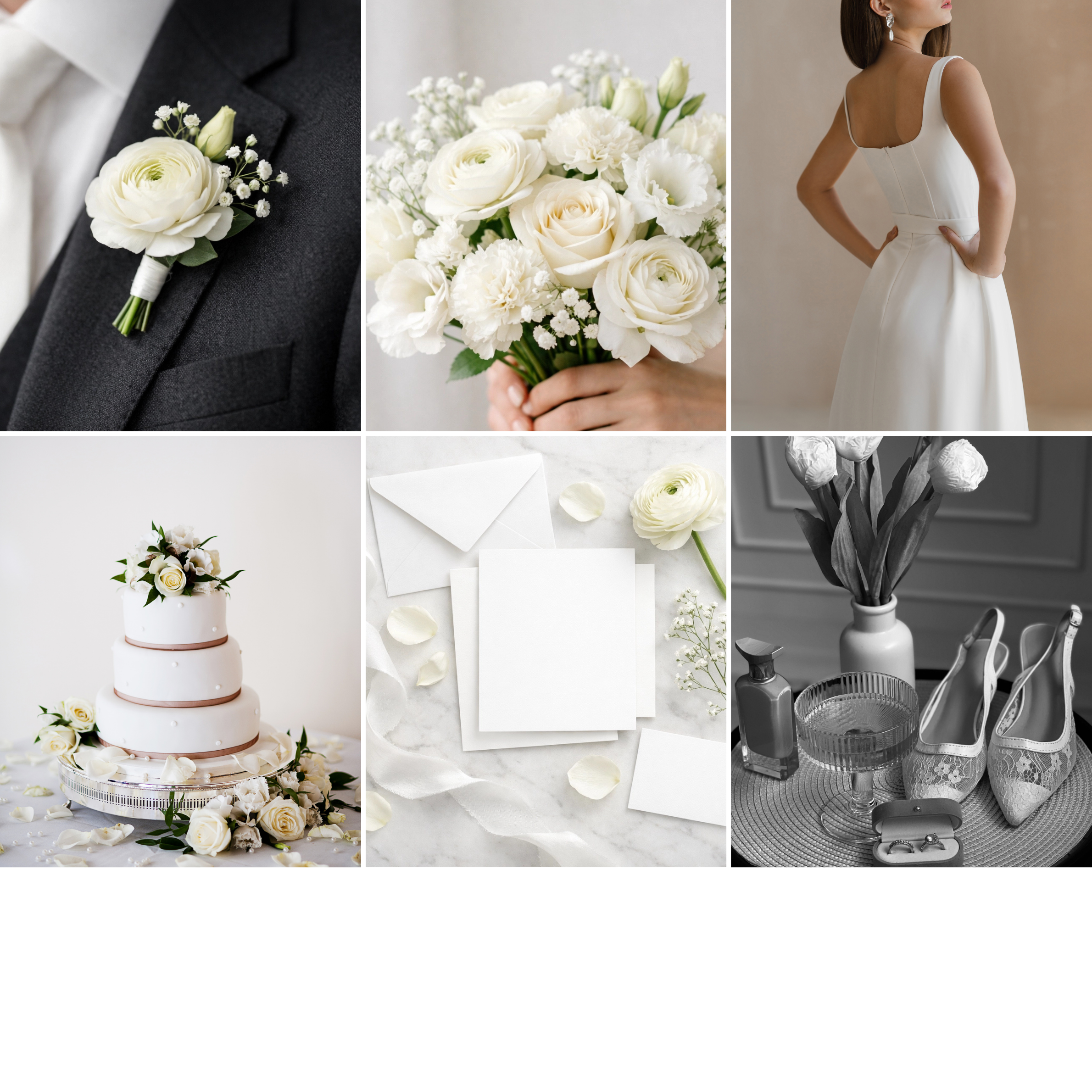 Classic White wedding florals featuring all-white bouquets, boutonnieres, elegant dress, and ceremony and reception details in Peoria