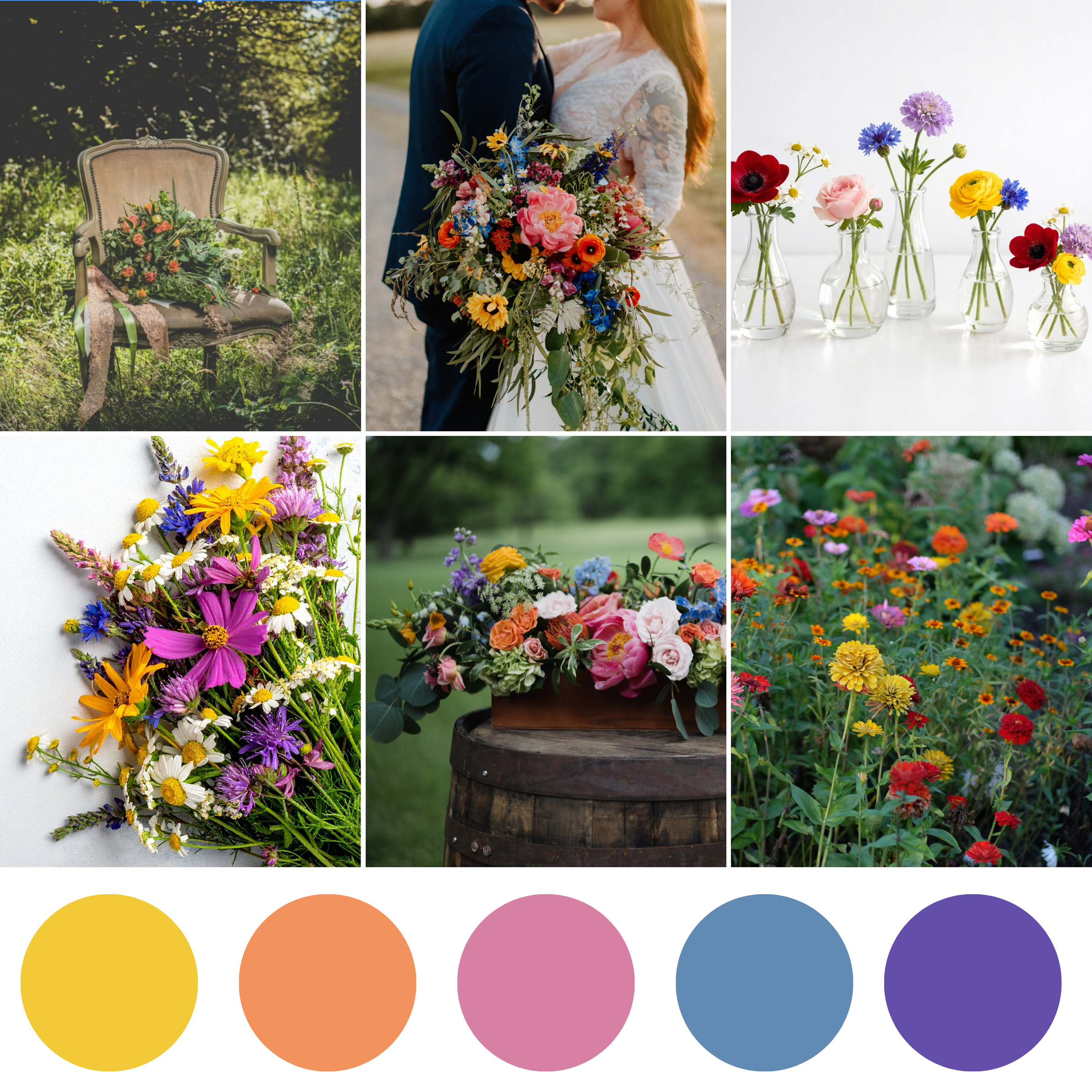 Bold Wildflower wedding florals featuring vibrant mixed-color bouquet, corsage, boutonniere, centerpiece, and lively floral styling
