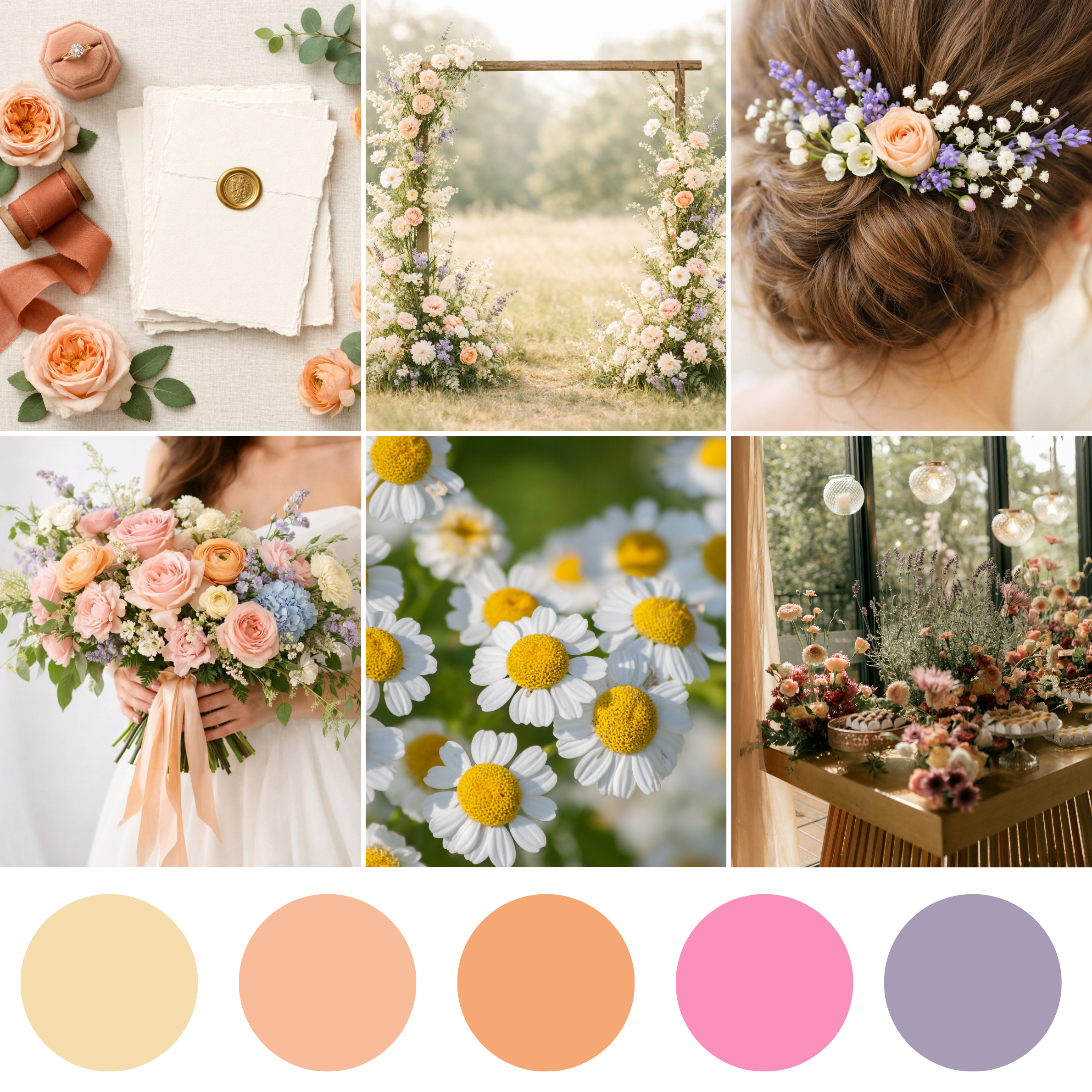 Warm Wildflower wedding florals with bright warm pink bouquet, corsage, boutonniere, centerpiece, and floral details